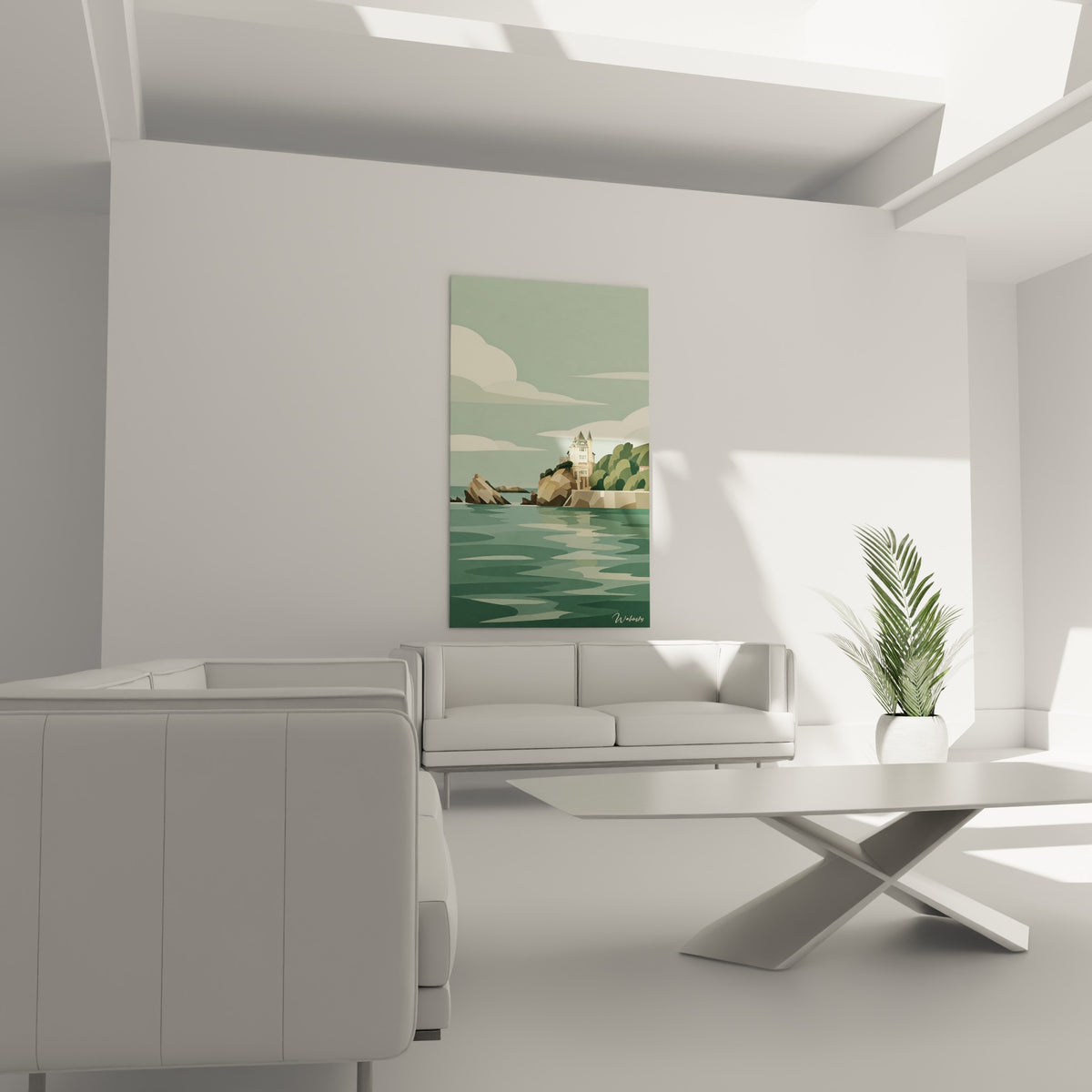 Promontoire rocheux ocre sous ciel vert sauge, au-dessus d'un canapé dans un salon lumineux