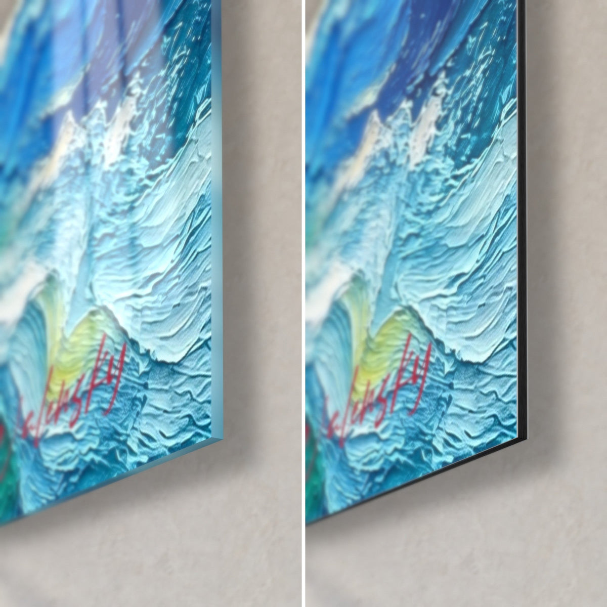 Cuadro con olas turquesa en relieve, espuma marfil y firma roja, esquina inferior derecha de vidrio brillante y aluminio Dibond mate