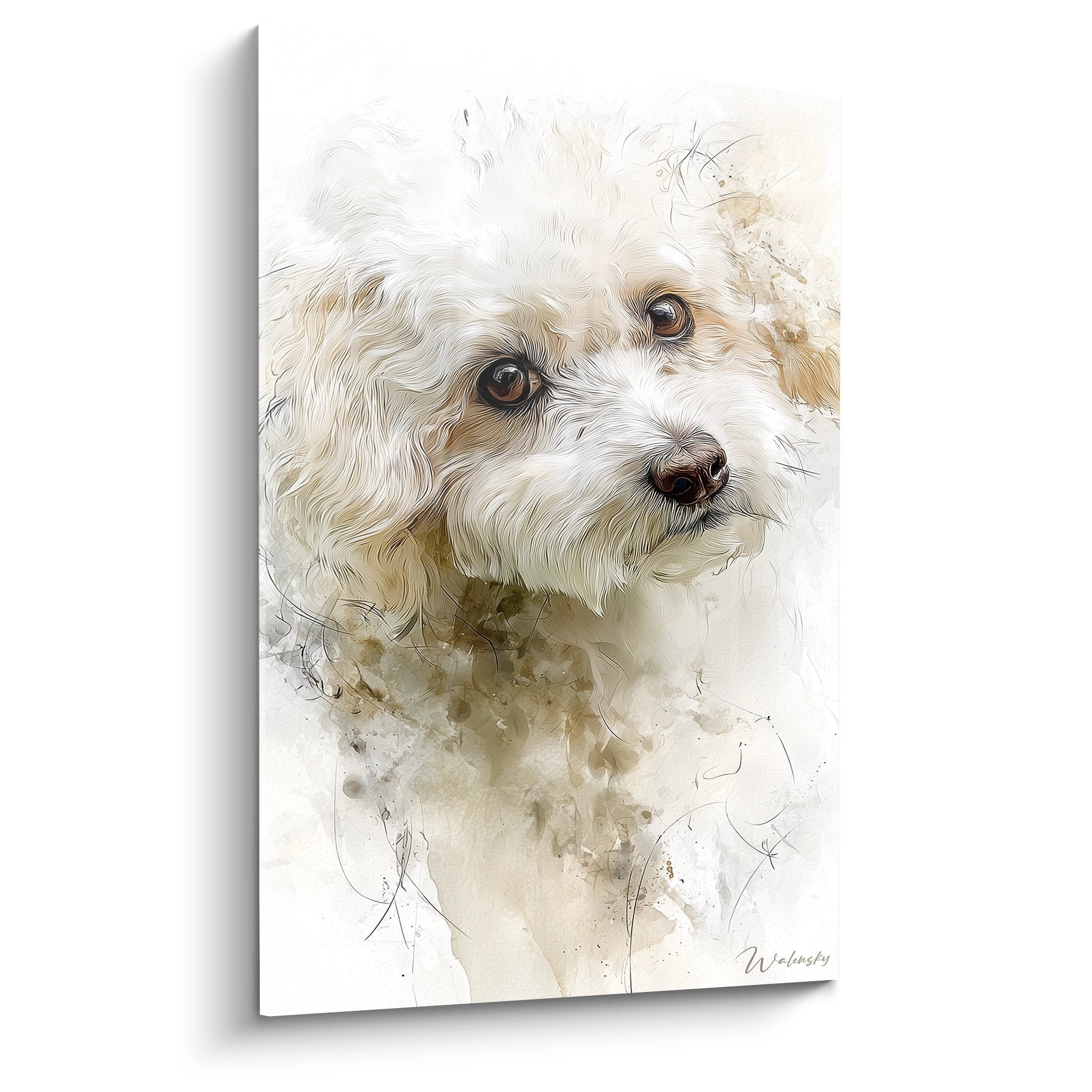 Quadro ritratto Bichon Frise stile acquerello tonalità beige e bianche sguardo espressivo pelo riccio vaporoso