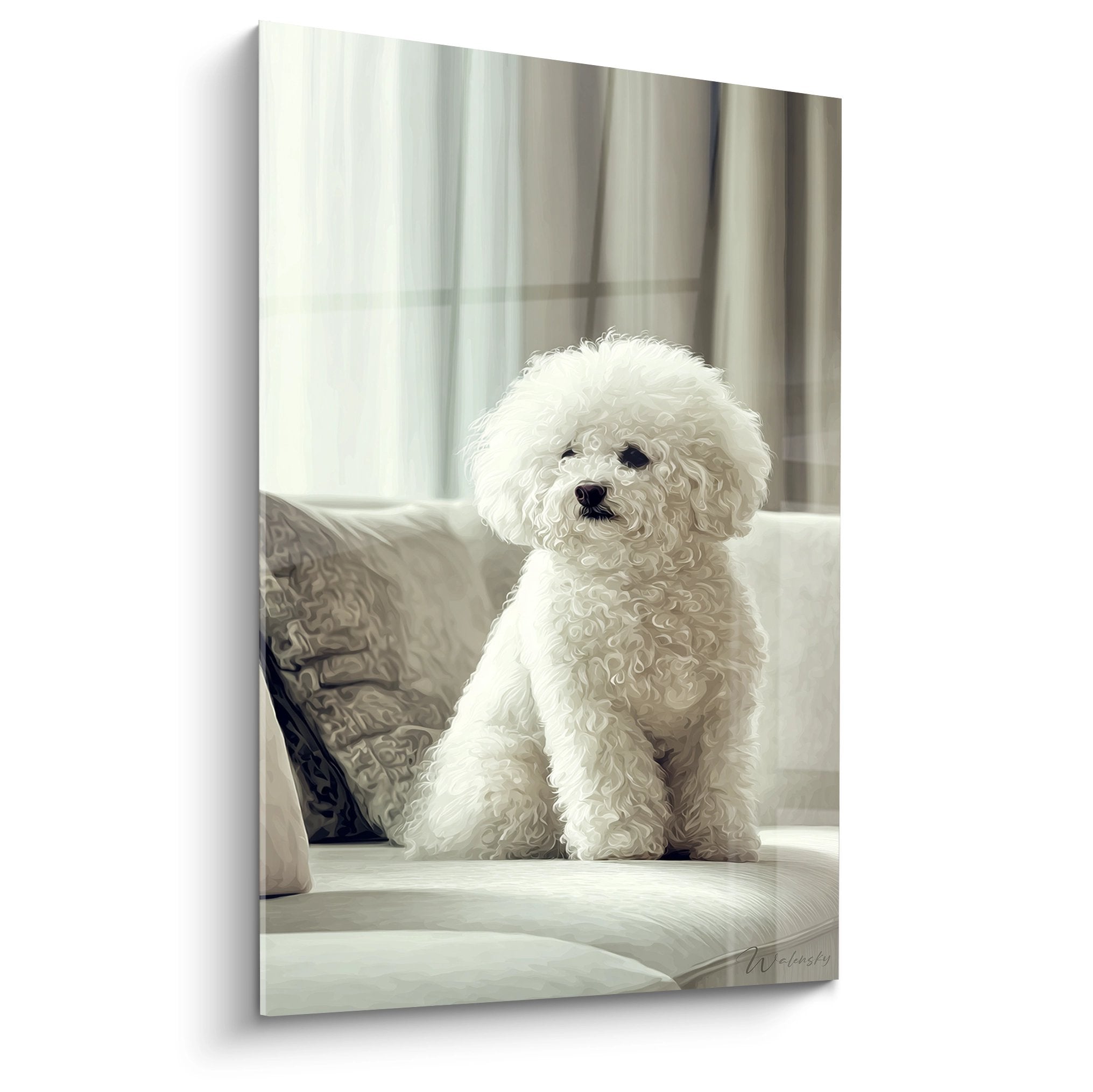 Tableau Bichon Frisé blanc aux boucles soyeuses assis sur canapé beige dans salon lumineux