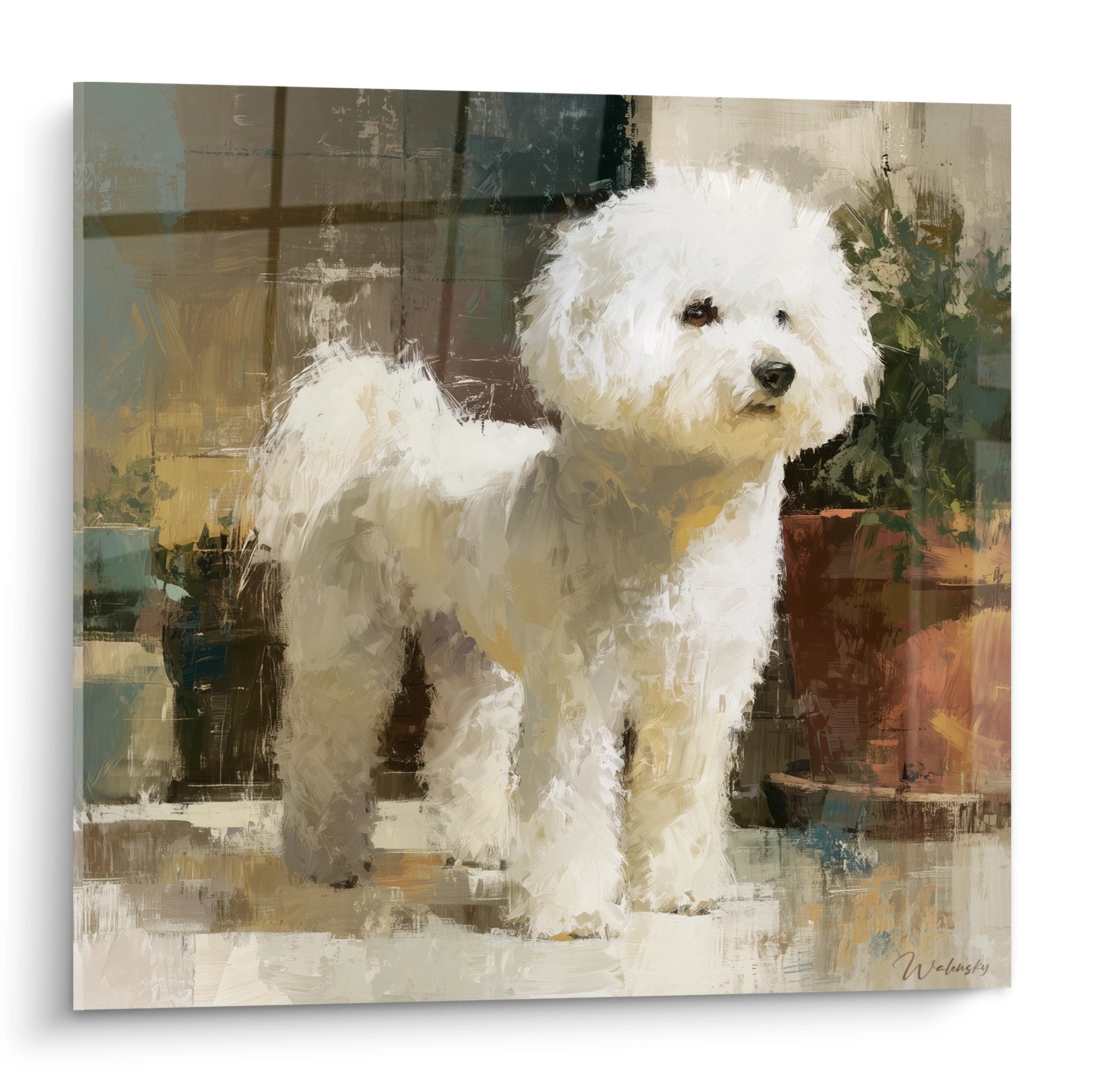 Tableau artistique Bichon Frise blanc pelage soyeux fond abstrait beige ocre pot terre cuite plante verte
