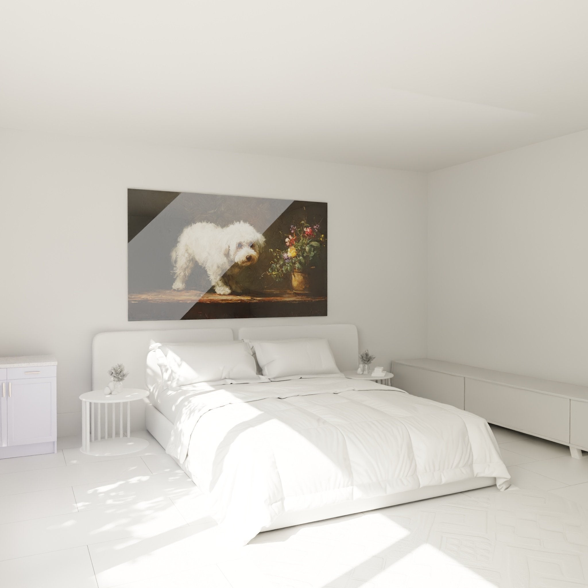 Tableau Bichon Frise ambiance bourgeoise accroche au mur chambre decoration murale chaleureuse