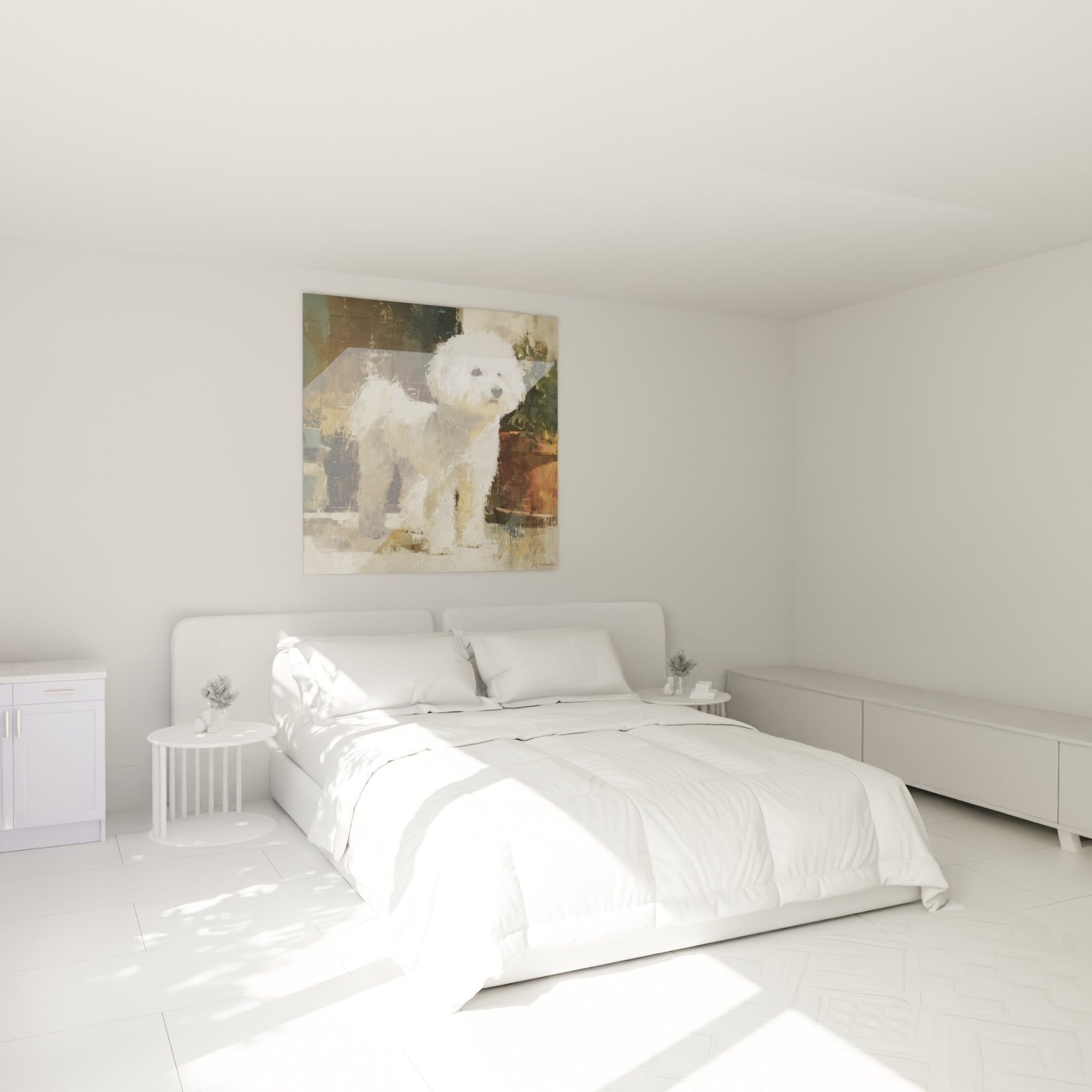 Tableau Bichon Frise blanc chambre decoration murale art canin ambiance douce tons neutres beige