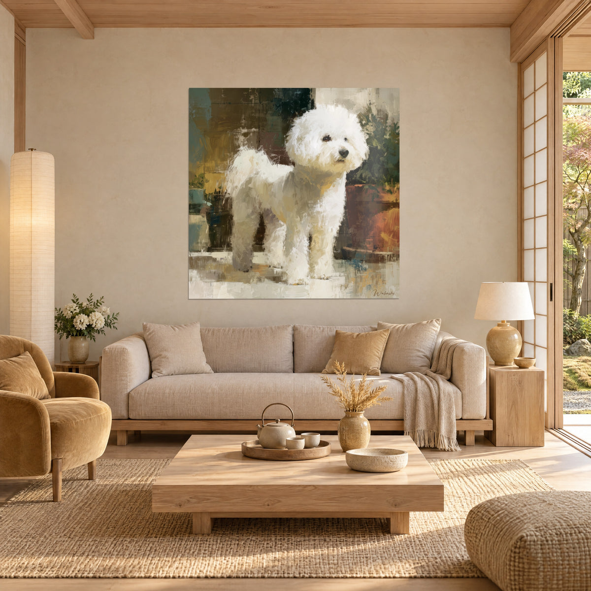 Cuadro bichón frisé de pelo blanco cremoso sobre fondo marrón ocre y verde abeto, encima de un sofá en un salón luminoso