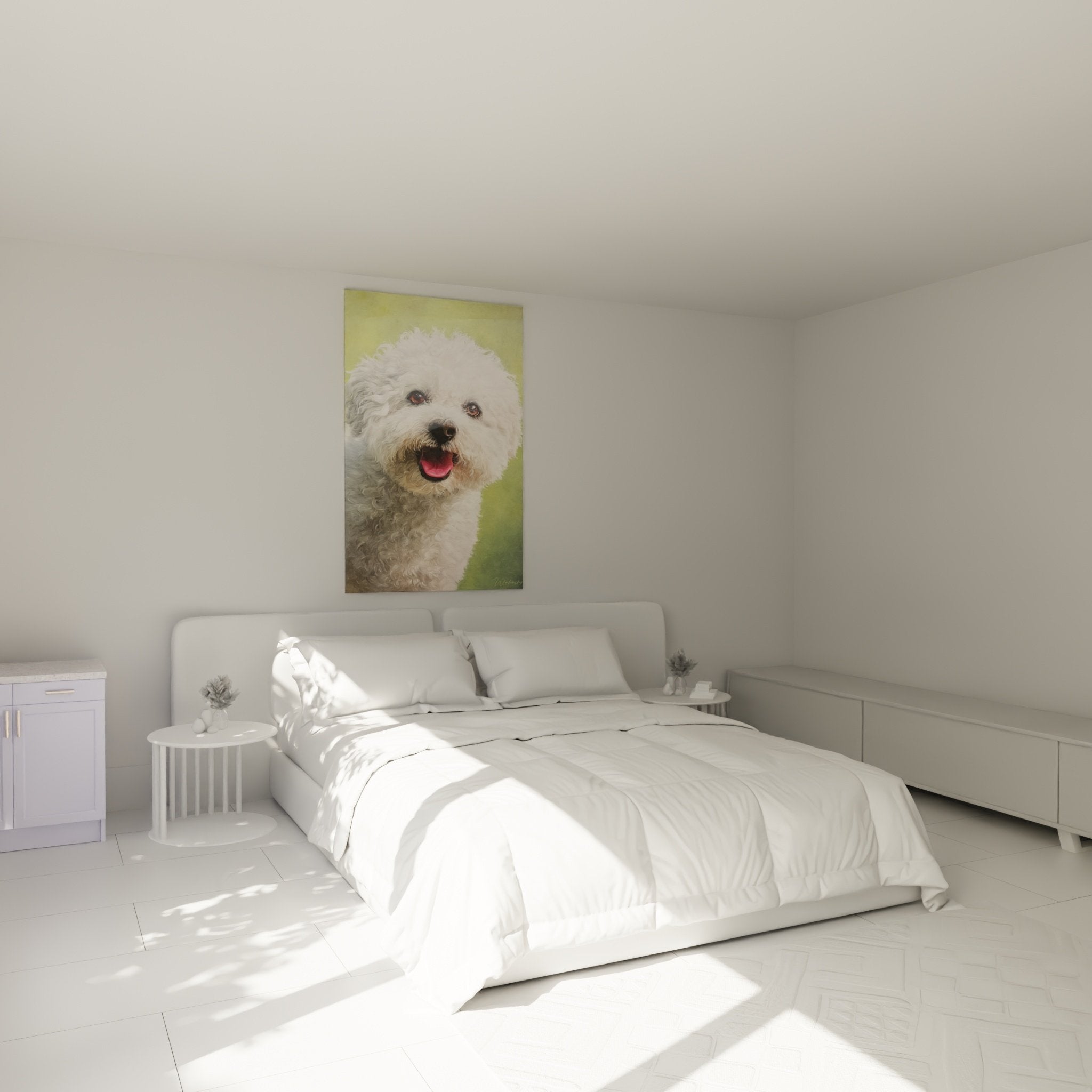 Tableau Bichon Frisé chien blanc bouclé chambre décoration murale ambiance douce vert pastel moderne