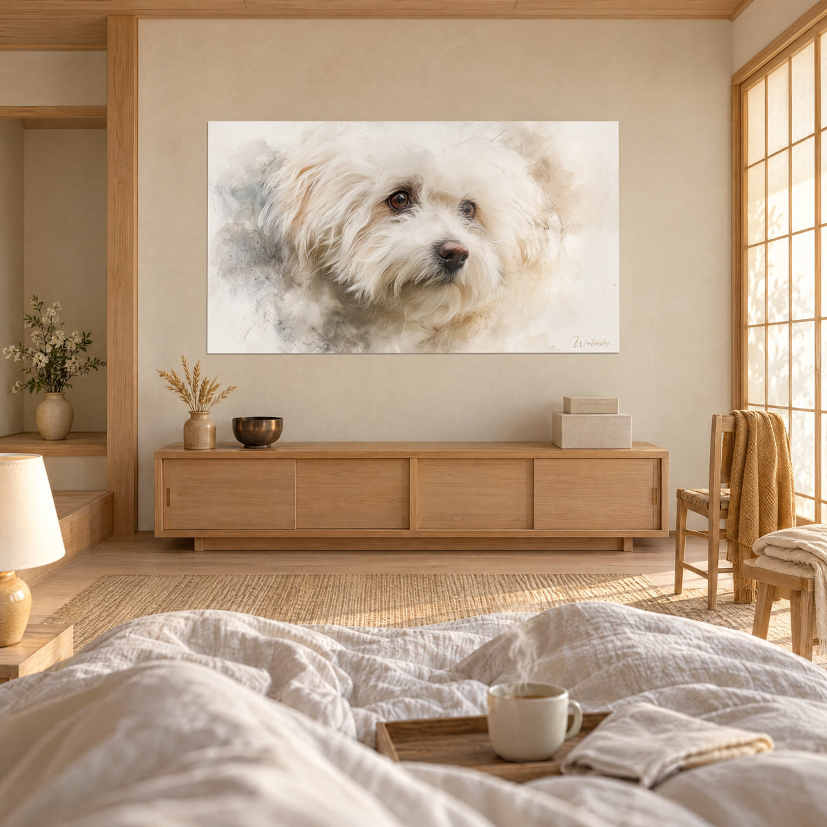 Cuadro pequeño perro rizado de ojos ámbar, salpicaduras beige y grises, encima de una cama en un dormitorio luminoso