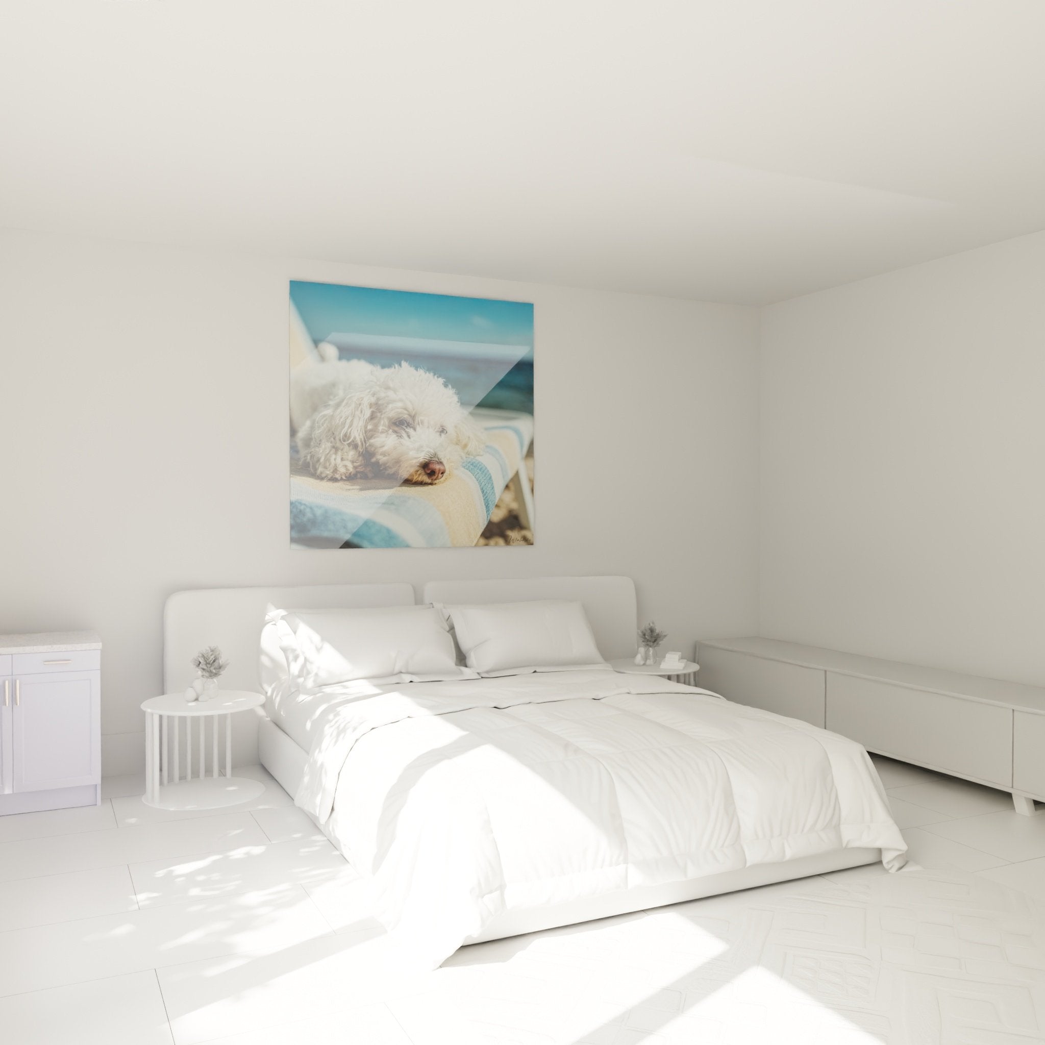 Bild Bichon Frise schläft Schlafzimmer Coziness weiße Wände helles Holzmobiliar ruhige Atmosphäre