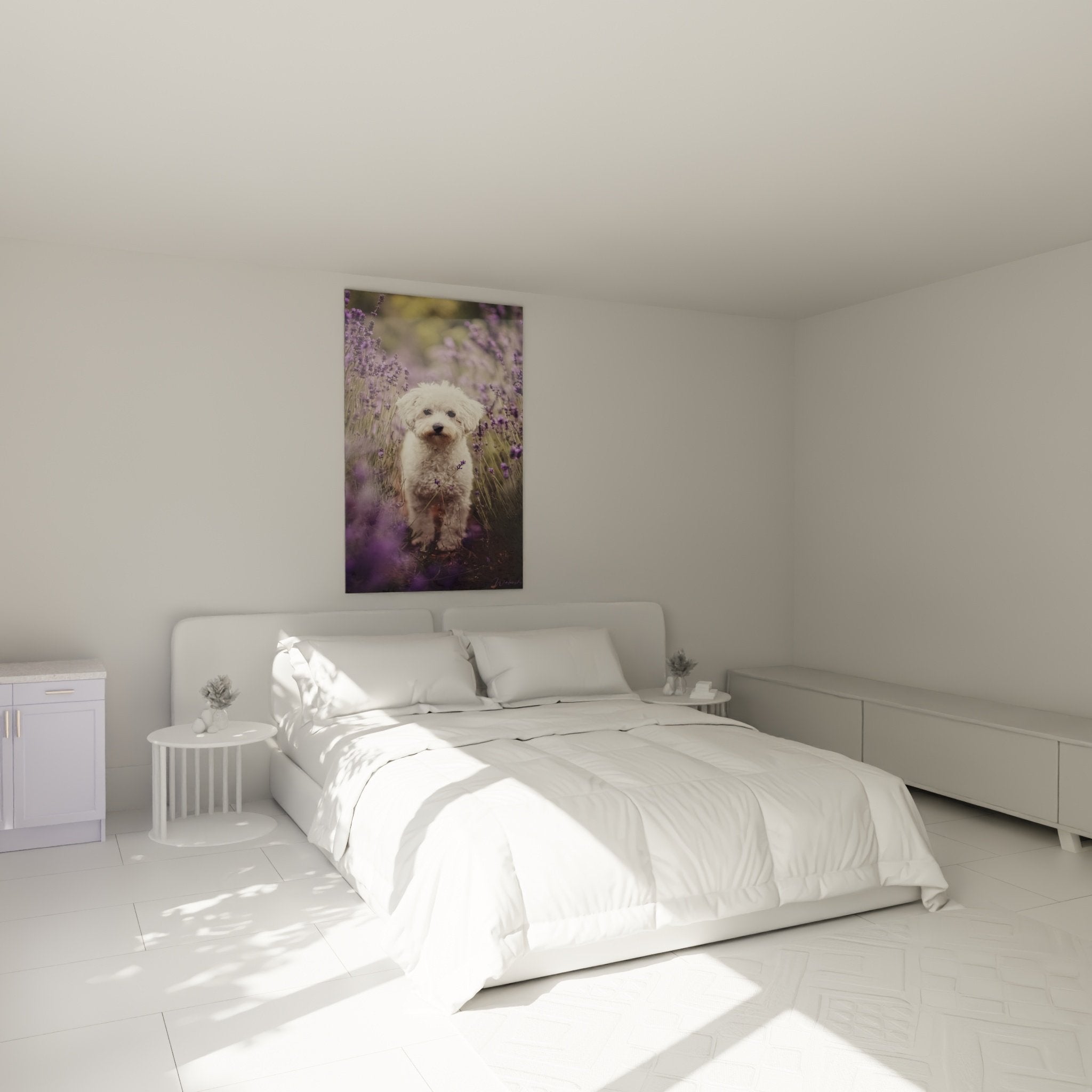 Tableau Bichon Frise lavande accroche au-dessus lit chambre decoration murale apaisante