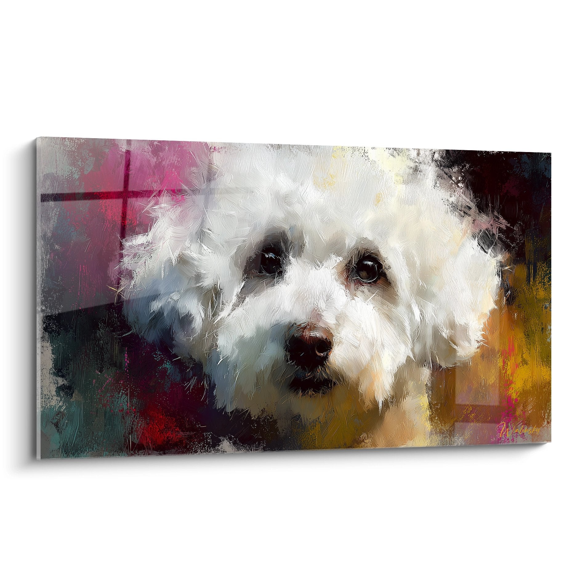Tableau moderne Bichon Frisé blanc aux yeux expressifs sur fond abstrait violet doré orange