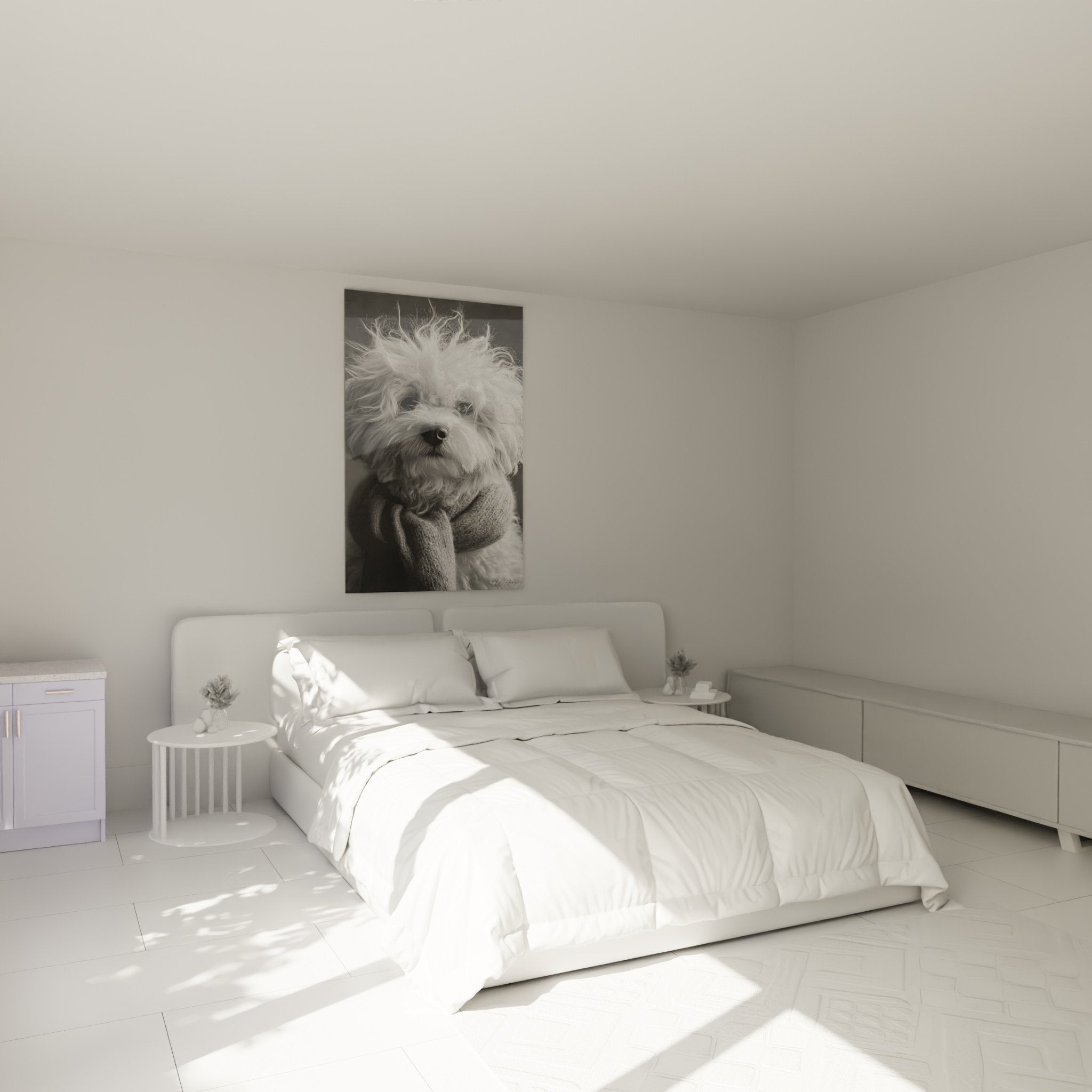 Tableau bichon frise pull tricote chambre decoration murale noir blanc ambiance cosy apaisante