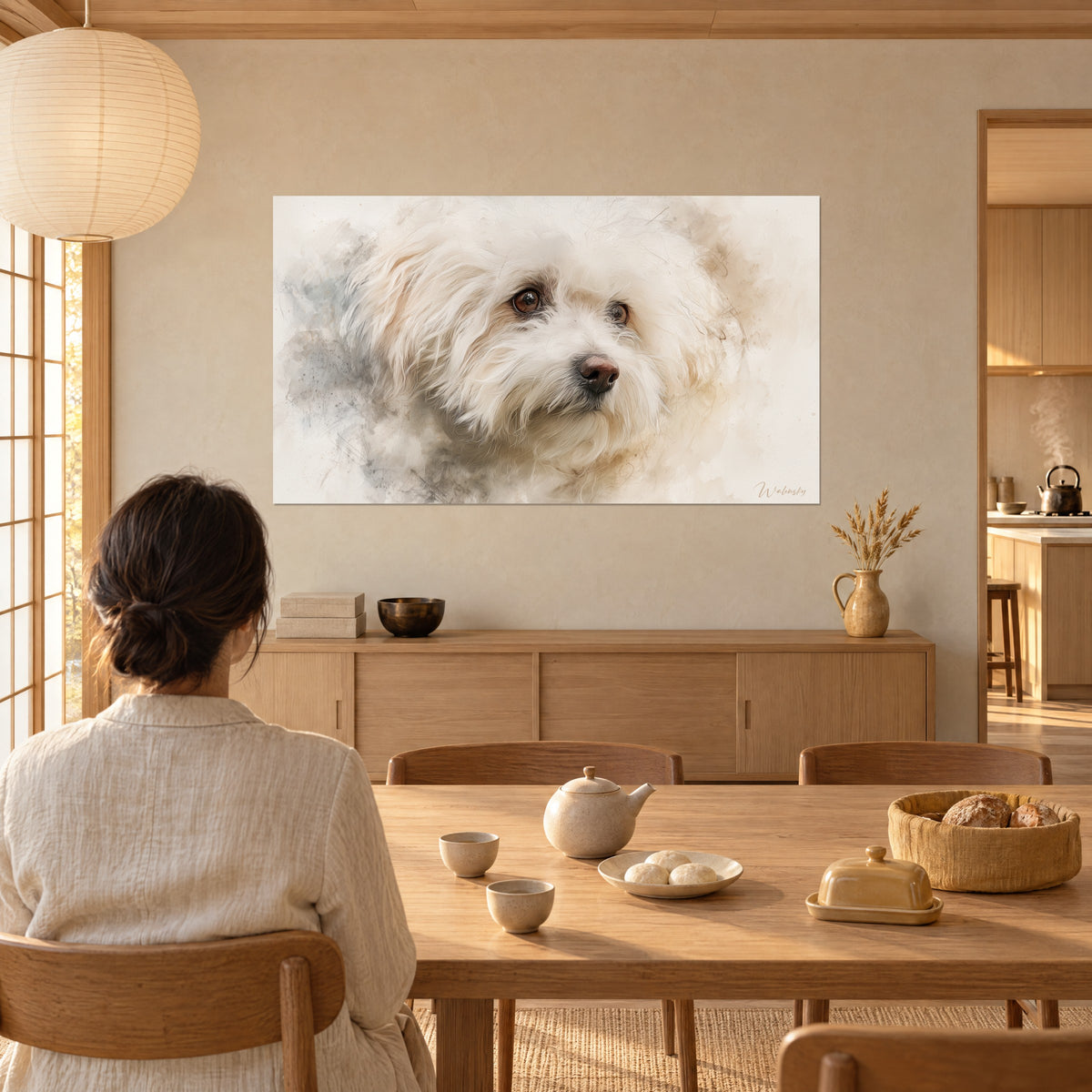 Cuadro perrito de pelo largo marfil y mirada tierna, fondo de acuarela color arena, frente a una mesa de roble y una tetera