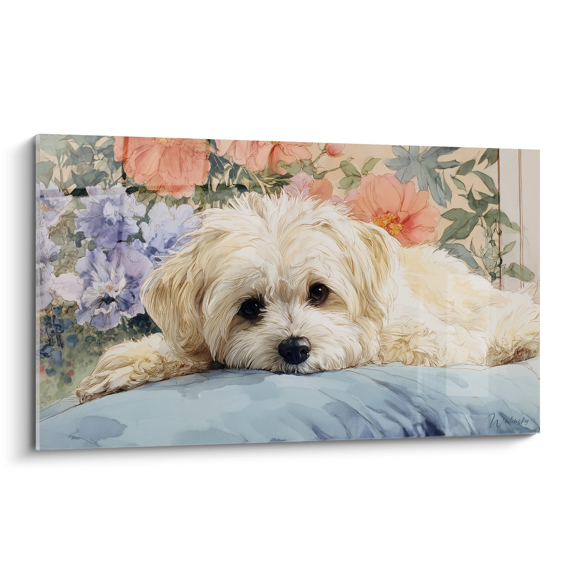 Tableau aquarelle Bichon Havanais allongé sur fond floral pastel roses violettes