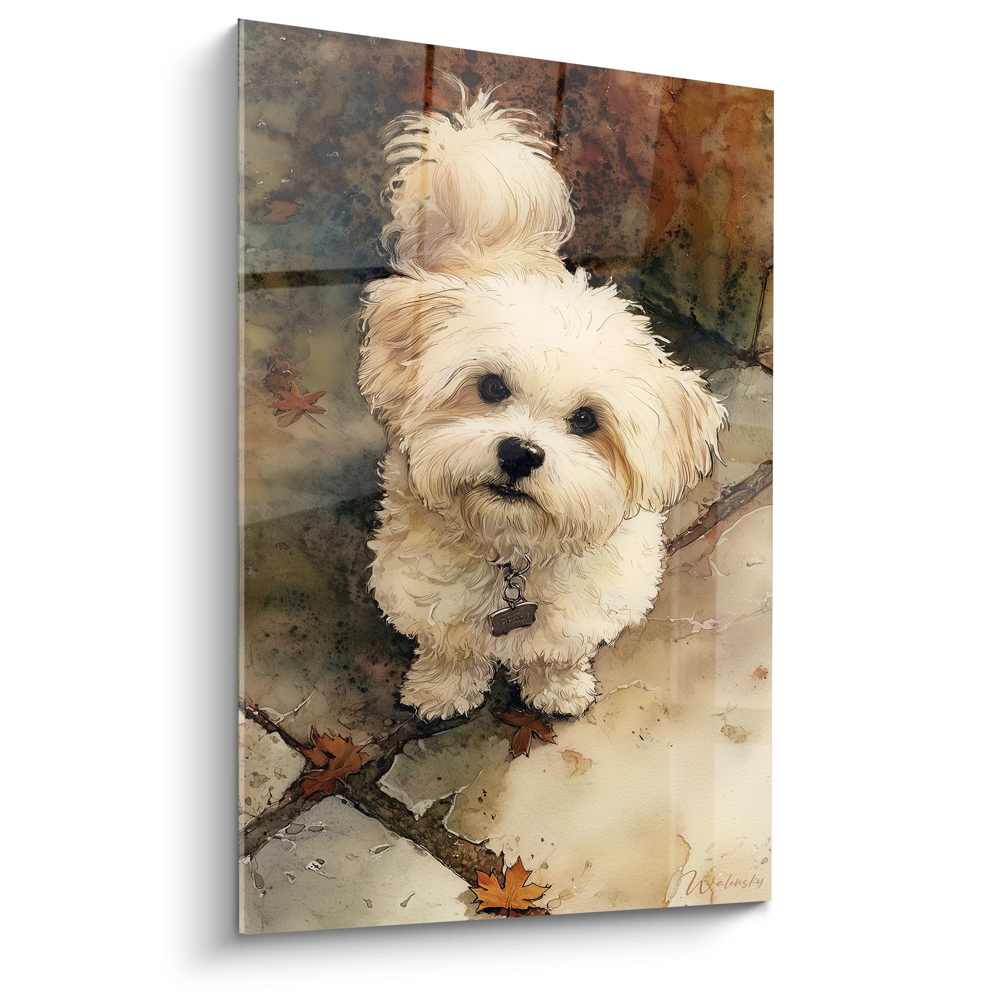 Tableau bichon havanais blanc pelage soyeux assis sol automnal feuilles orangees tons sepia
