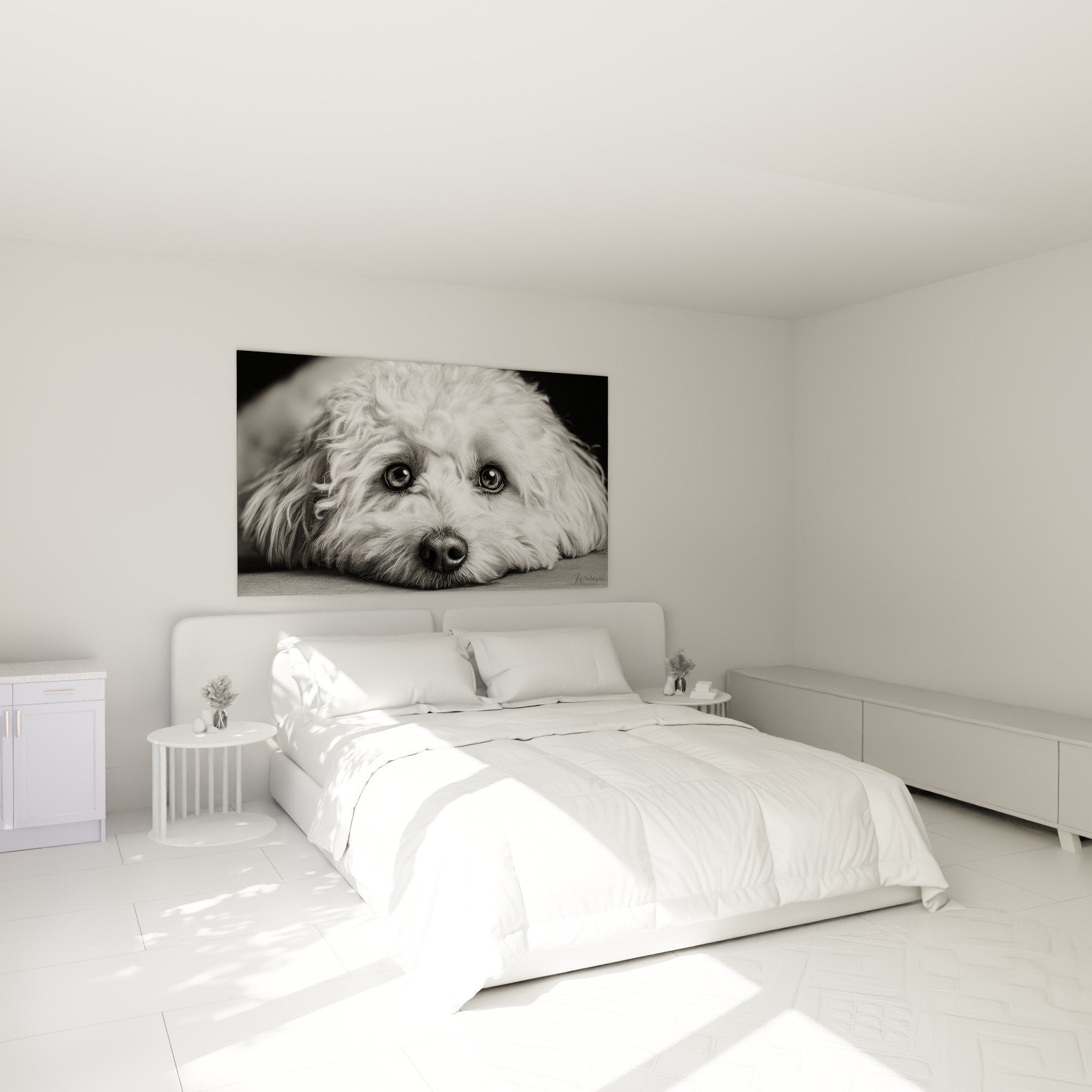 Tableau Bichon Havanais noir et blanc accroché chambre décoration murale ambiance apaisante