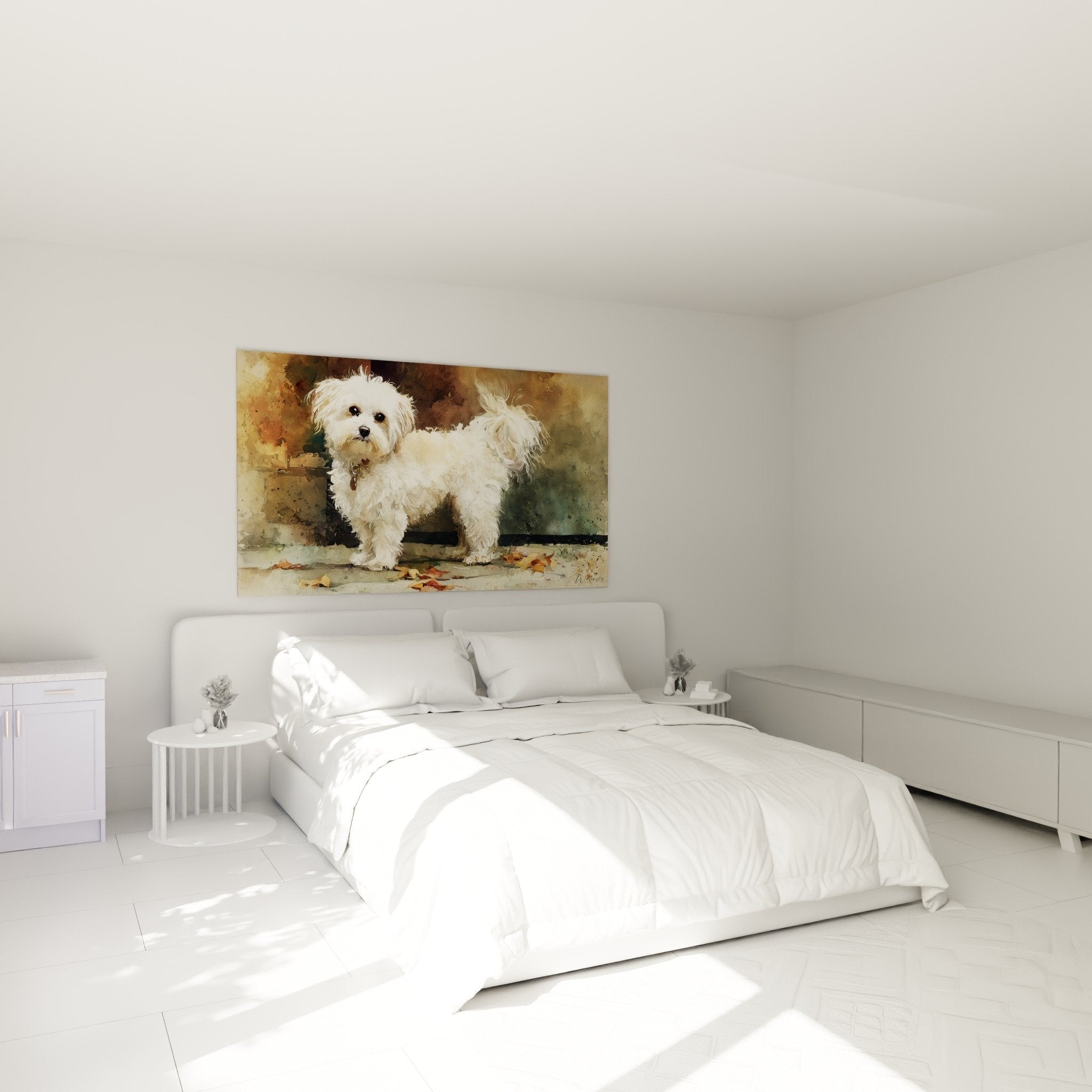 Tableau Bichon Havanais blanc feuilles automne decoration murale chambre tons chauds