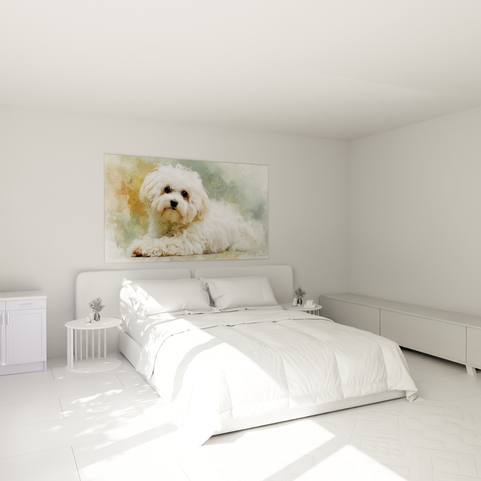 Tableau Bichon Havanais blanc dans chambre décoration murale douce ambiance cosy lit coussins blancs