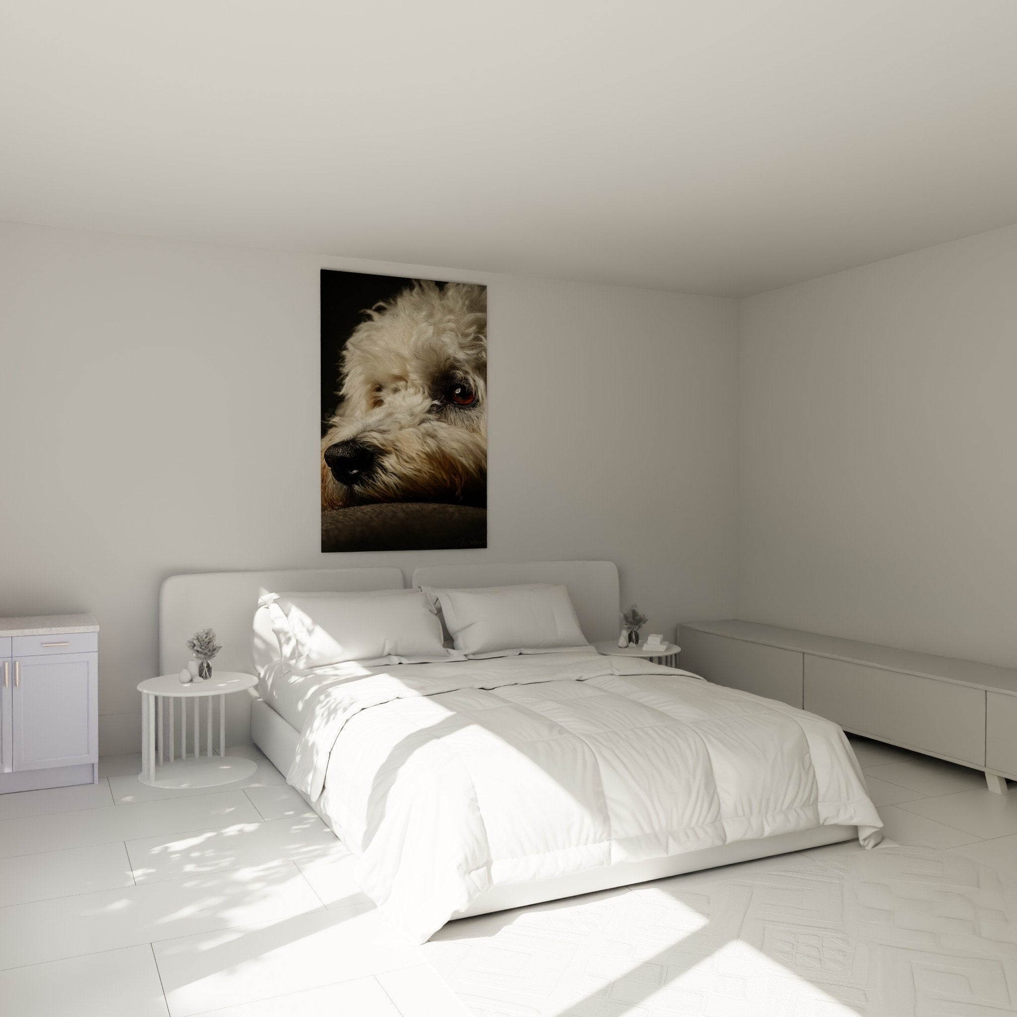Tableau Bichon Havanais regard tendre accroché au mur chambre décoration murale chien