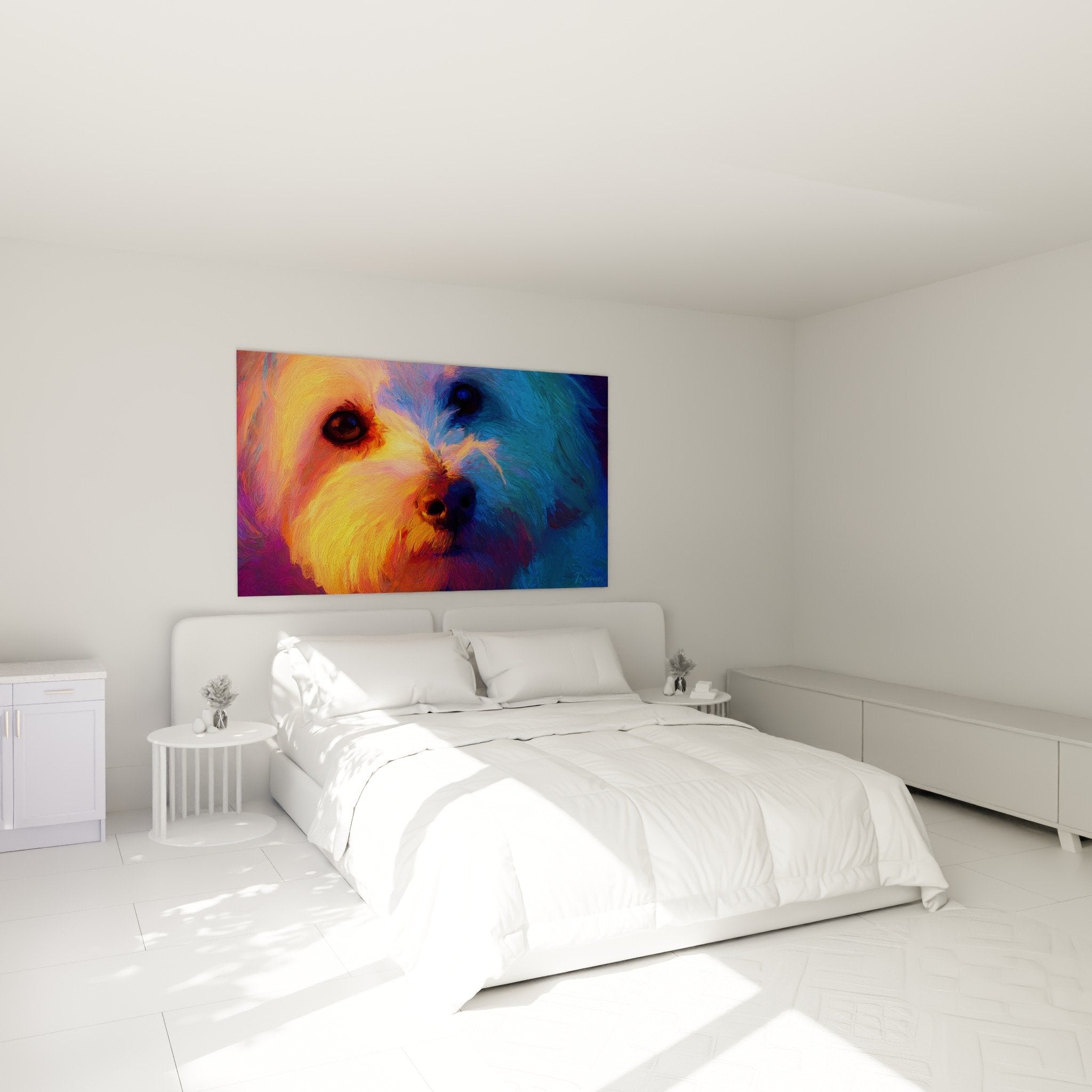Mehrfarbiges Havaneser-Gemälde aufgehängt in modernem Schlafzimmer mit zeitgenössischer Dekoration
