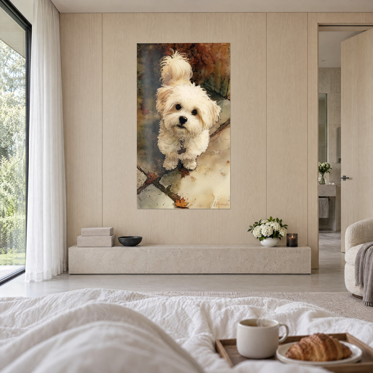 Schilderij knuffelbeest met beige en witte vacht die omhoogkijkt, grijze en bruine stenen, boven een bed in een lichte slaapkamer
