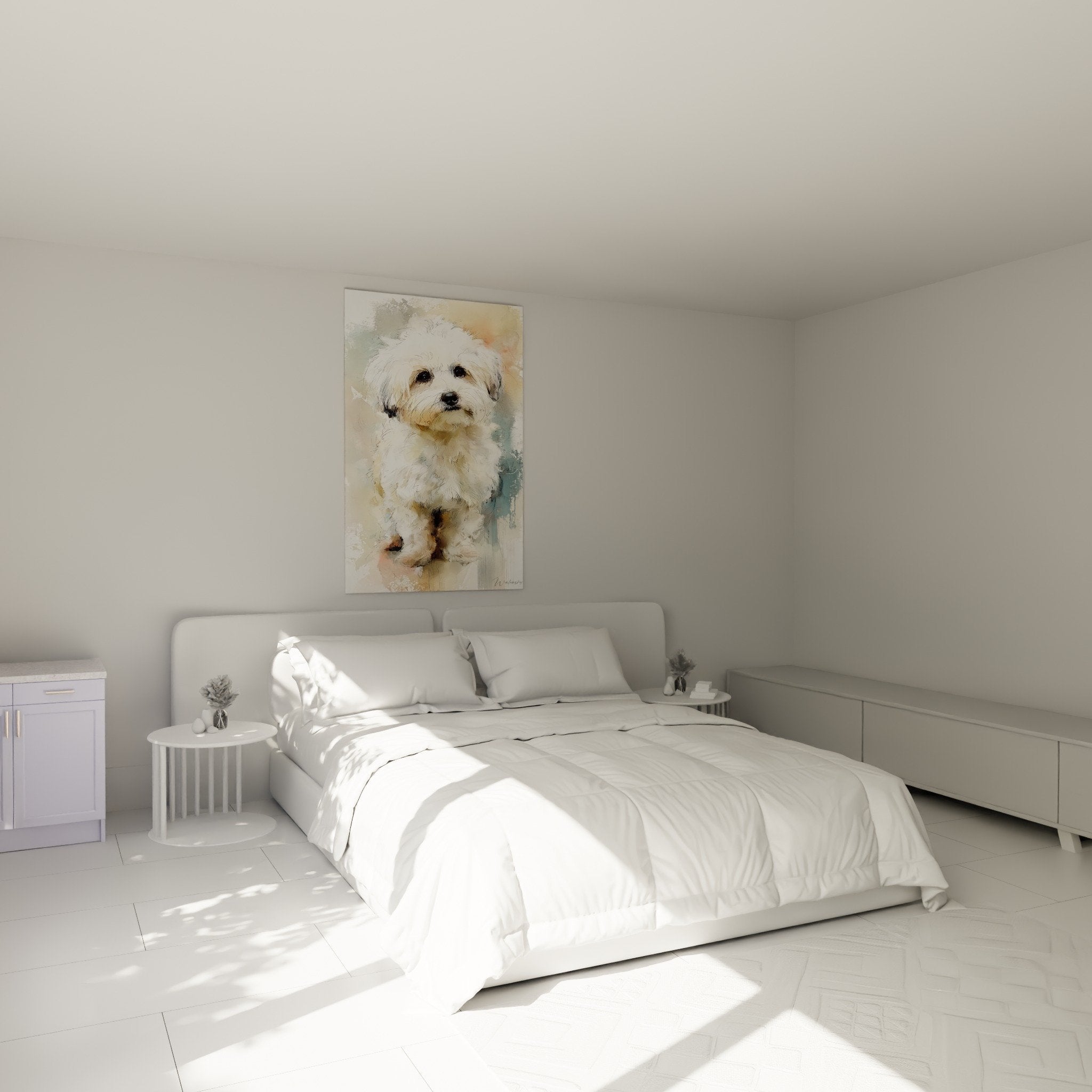 Tableau Bichon Havanais aquarelle decore chambre mur blanc ambiance douce lumiere naturelle decoration murale elegante