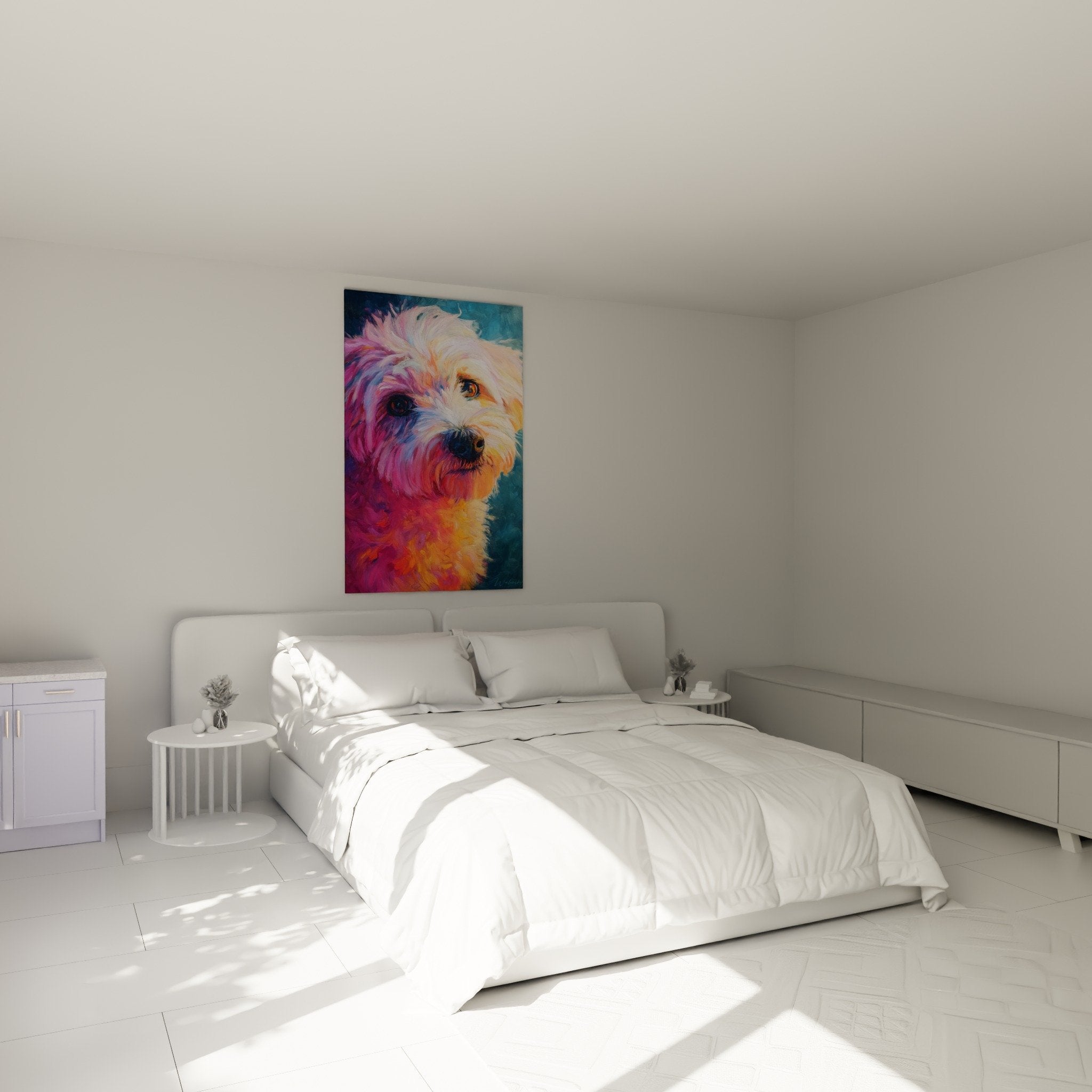 Bunte Bichon Havaneser Wandkunst dekoriert modernes Schlafzimmer mit weißer Wand in warmer Atmosphäre