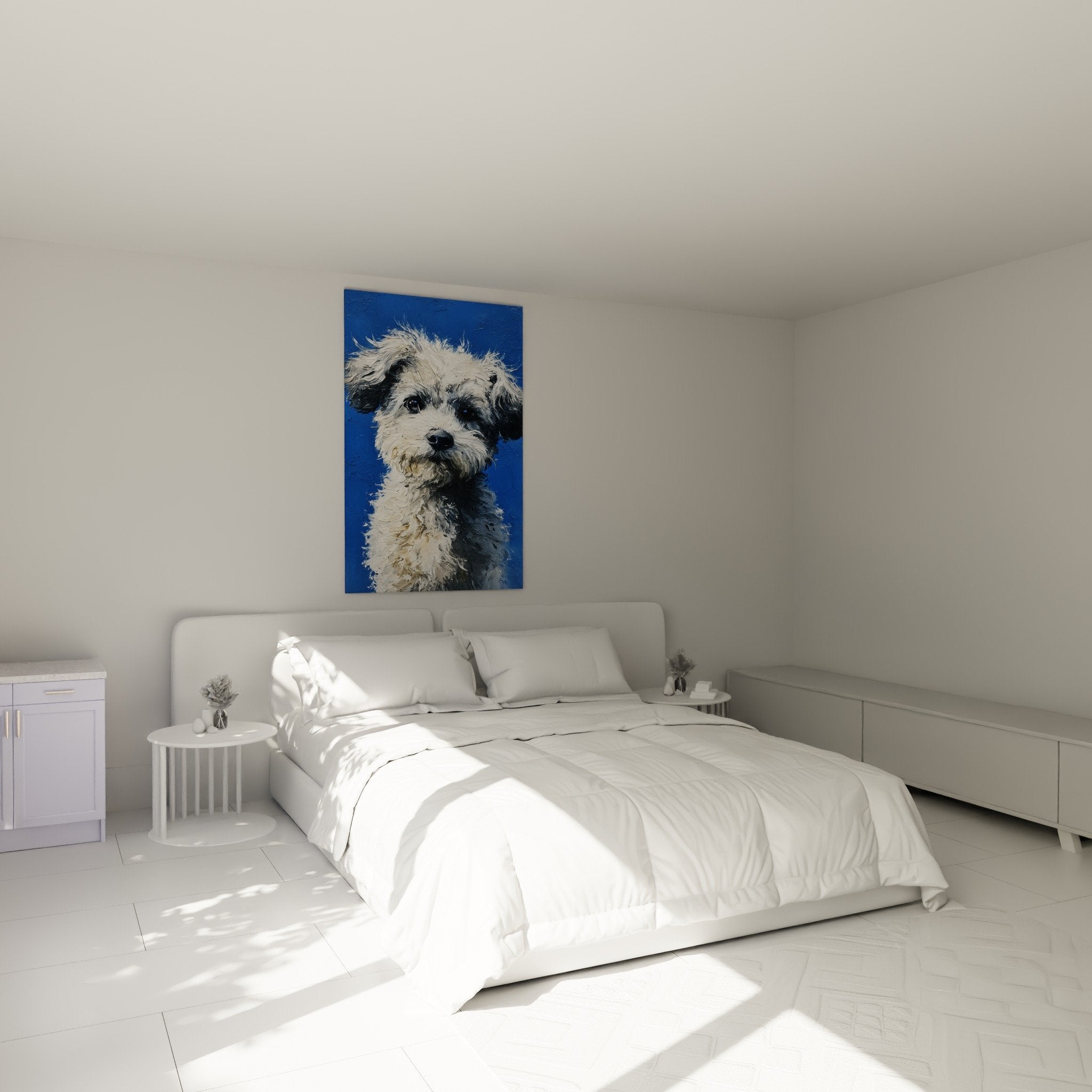 Tableau Bichon Havanais fond bleu accroche au mur chambre decoration murale portrait canin
