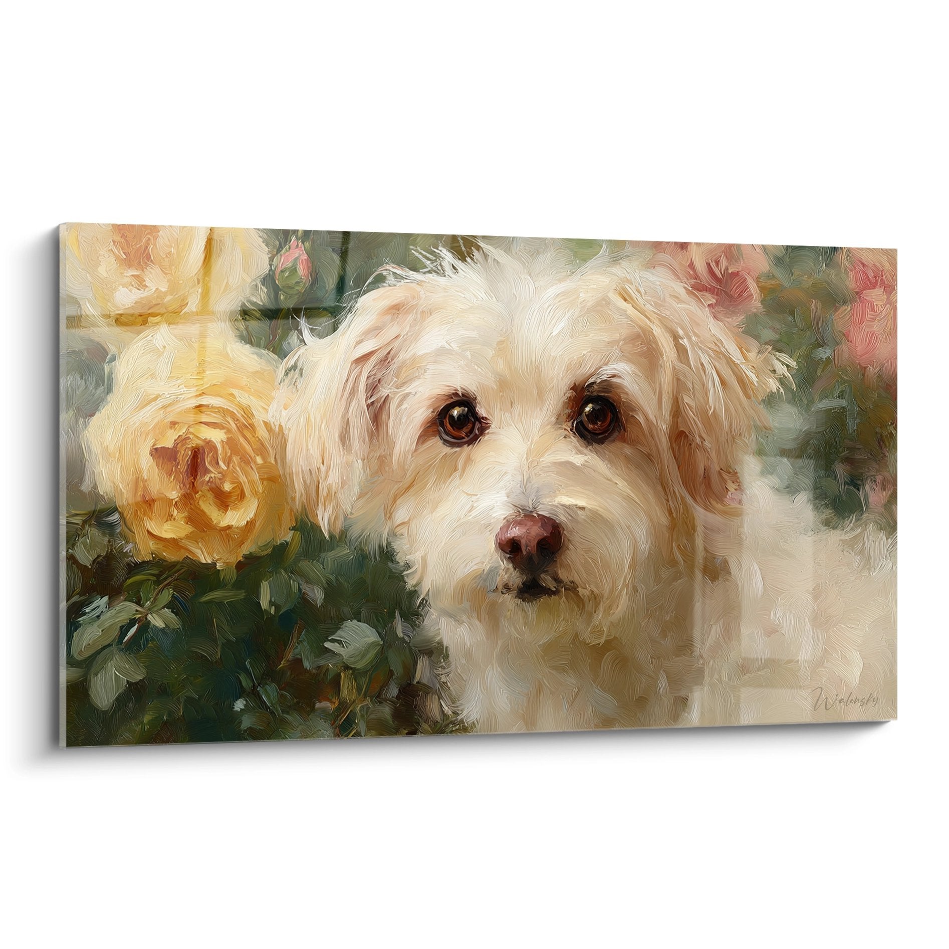 Tableau peinture Bichon Havanais pelage creme yeux ambres entoure roses jaunes dorées style impressionniste
