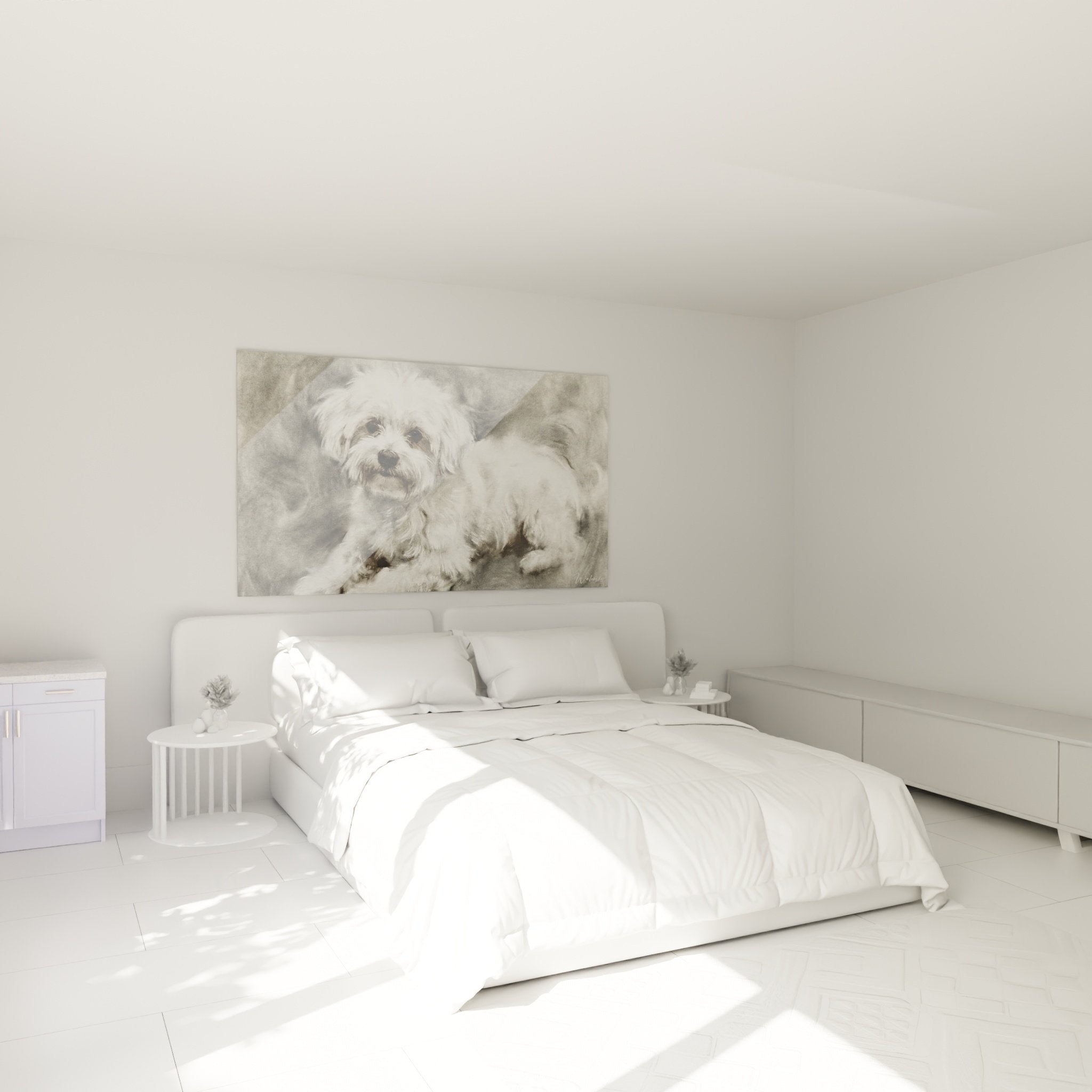 Tableau Bichon Maltais tons sépia dans chambre moderne avec déco beige et bois naturel