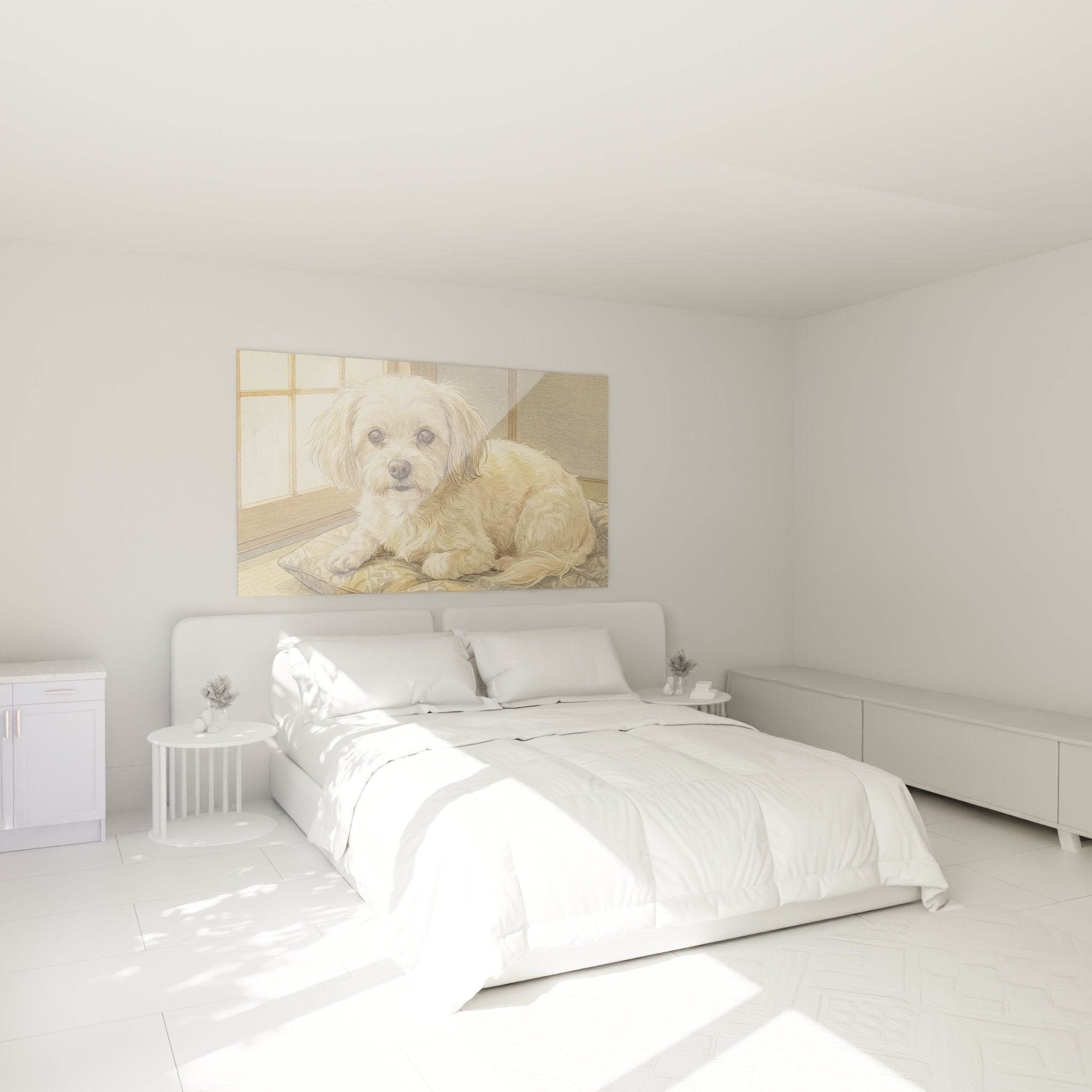 Tableau Bichon Maltais tons crème accroché dans chambre cocooning aux murs beiges et mobilier naturel