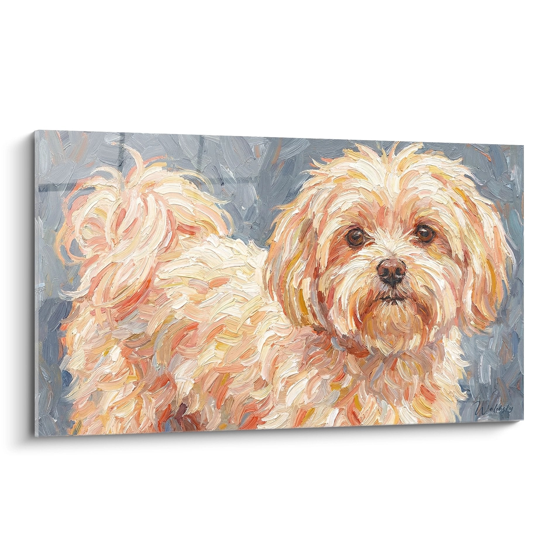 Tableau peinture Bichon Maltais aux tons dorés et cuivrés, portrait expressif sur fond gris-bleu