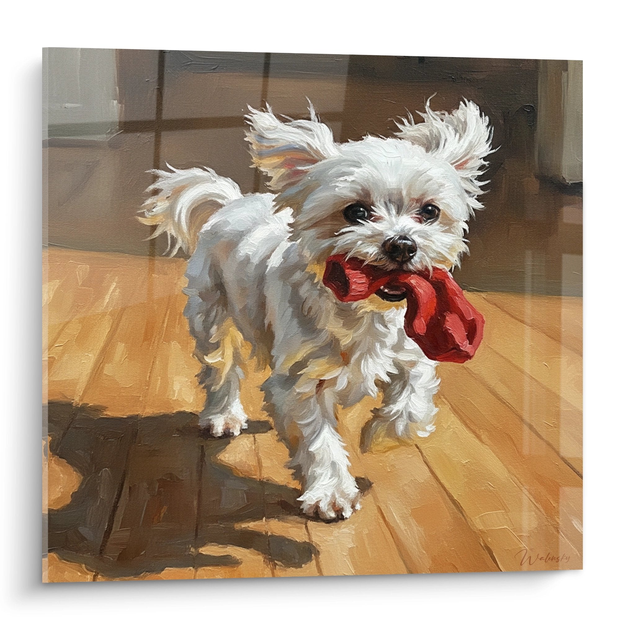 Painting of a white Maltese Bichon with fluffy coat holding a red ribbon on wooden parquet floor