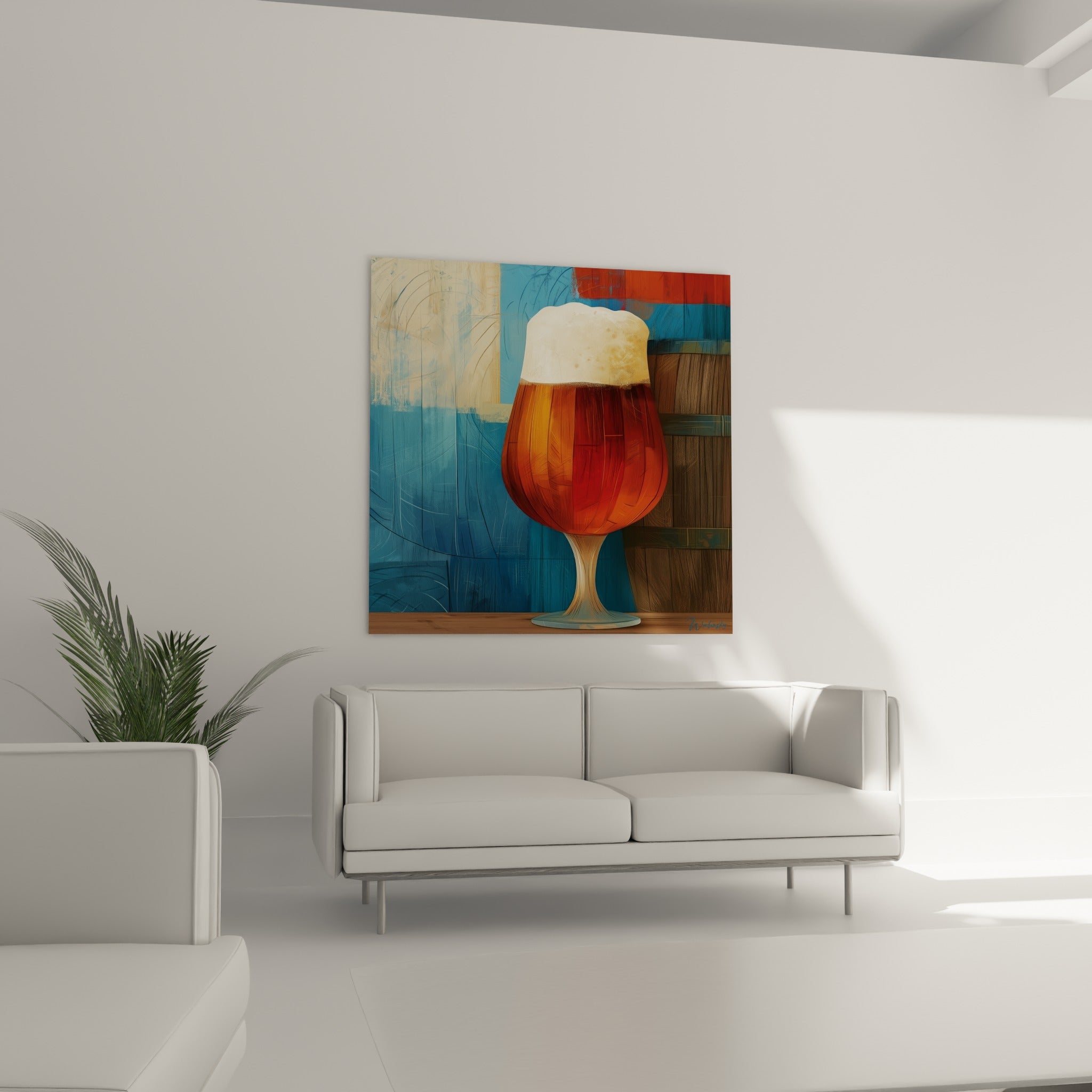 Breuvage ambré à mousse blanche crème, tons bleu marine et terracotta, au-dessus d'un canapé dans un salon lumineux