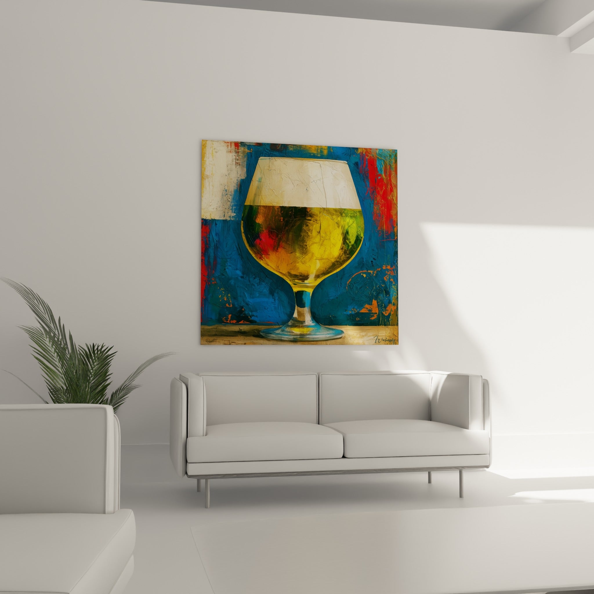 Mousse blanche débordant d'un verre de bière ambrée, accroché au-dessus d'un canapé dans un salon lumineux
