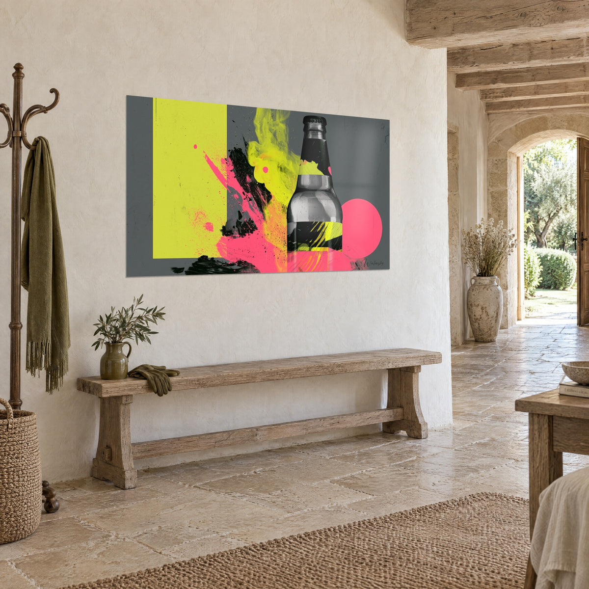 Wall art beer in smoked glass, pink splashes and acid yellow smoke on charcoal grey background, wooden bench, stone house