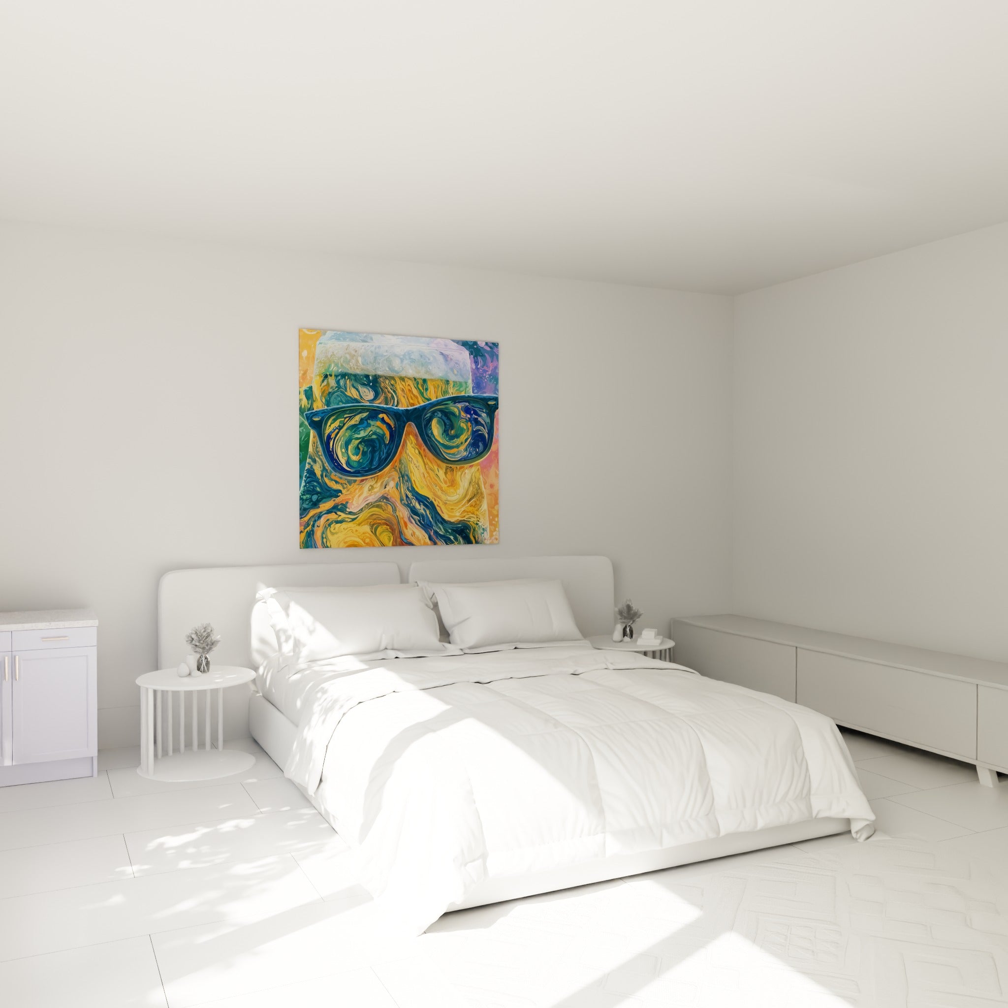 Lunettes bleu marine sur chope dorée tourbillonnante accrochées au-dessus d'un lit dans une chambre claire