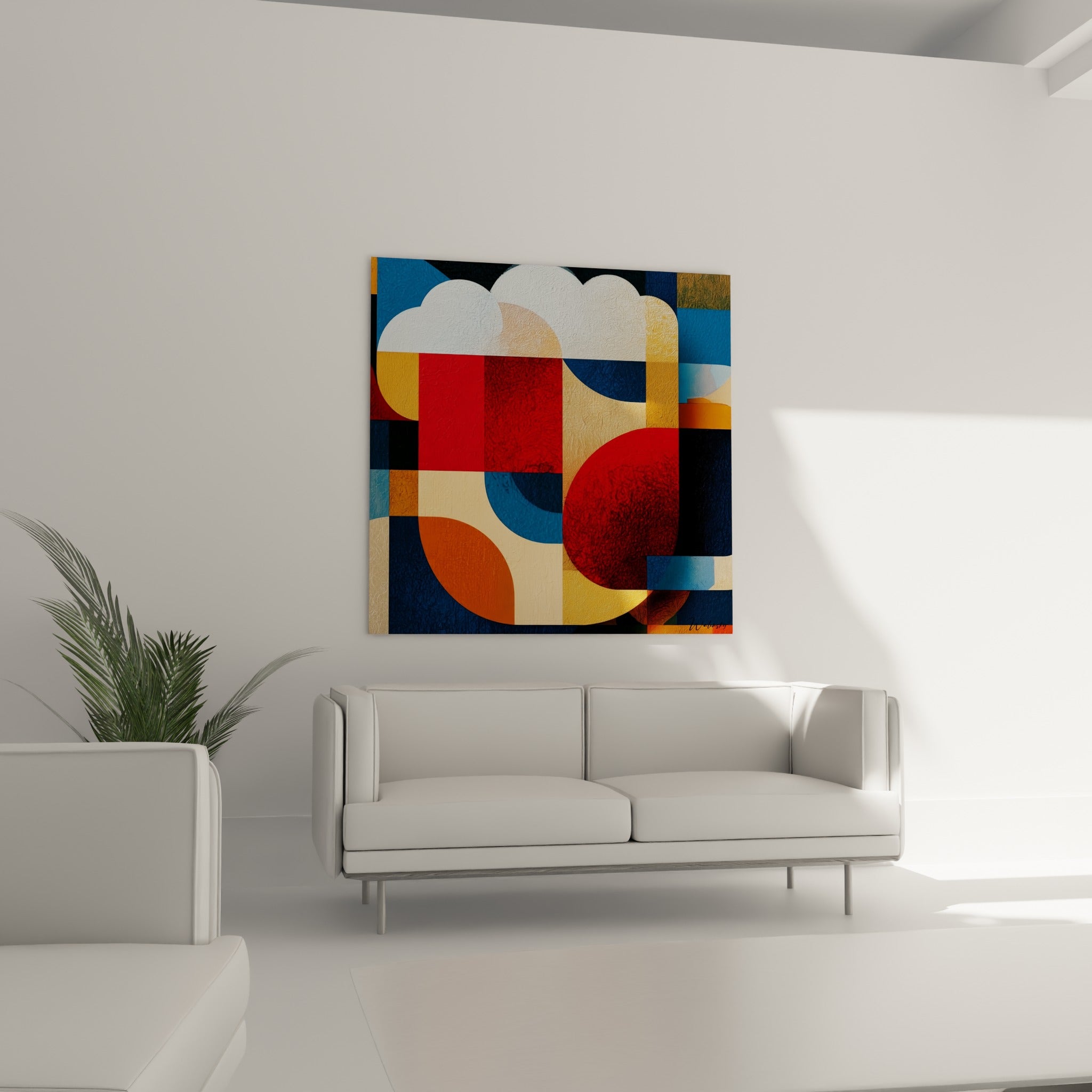 Blocs colorés bleu marine et orange au-dessus d'un canapé dans un salon lumineux