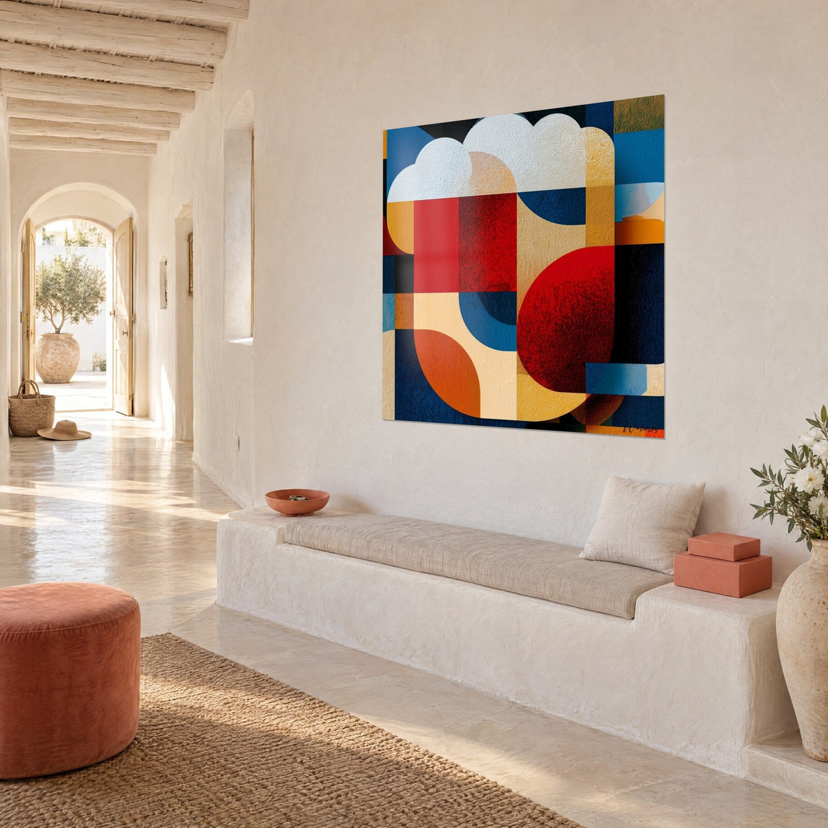 Tableau aplats abstraits écarlate et ocre jaune, disque rouge à droite, vu de trois-quarts sur un mur blanc chaulé
