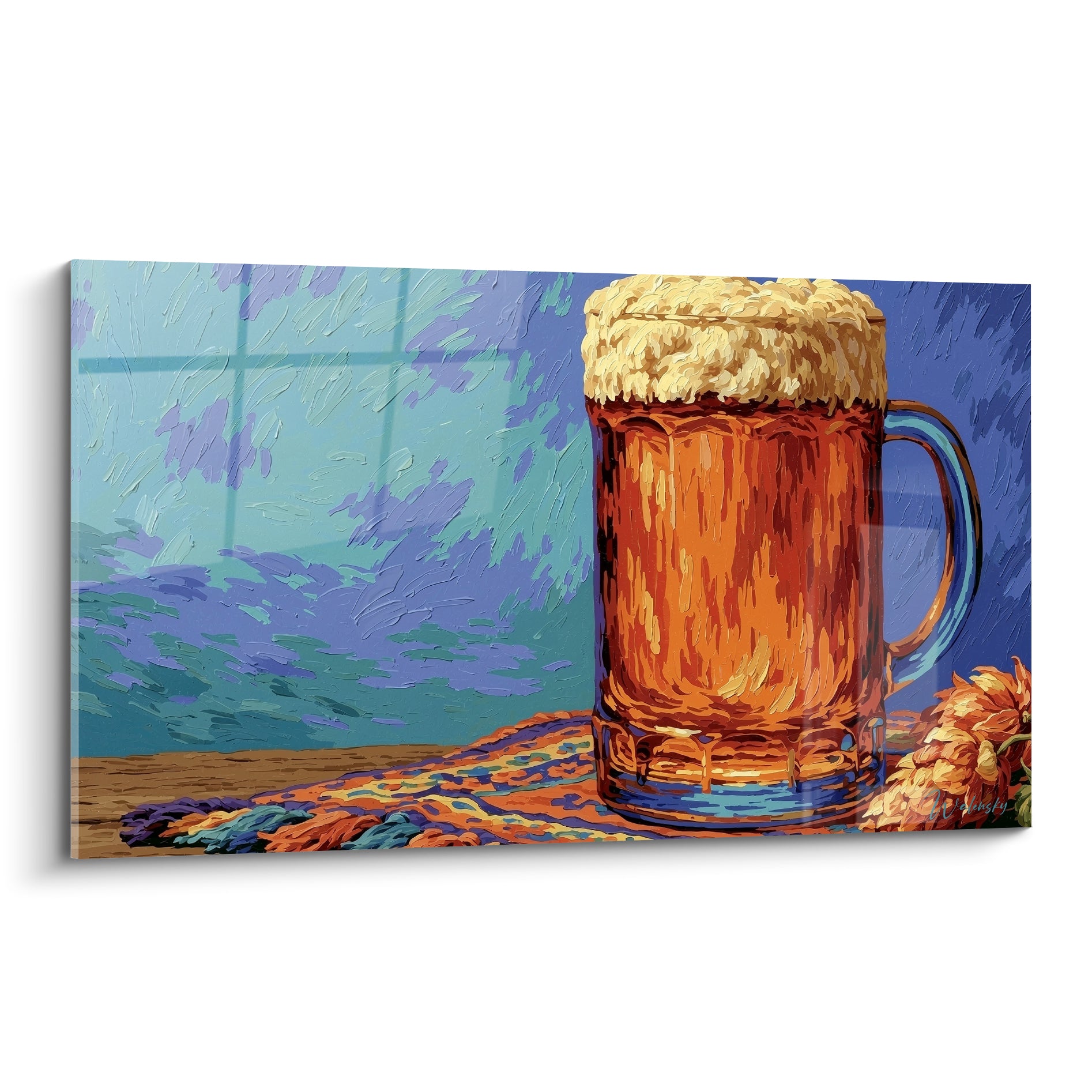 Chope de bière ambrée moussante peinte en touches épaisses sur fond bleu marine et mauve