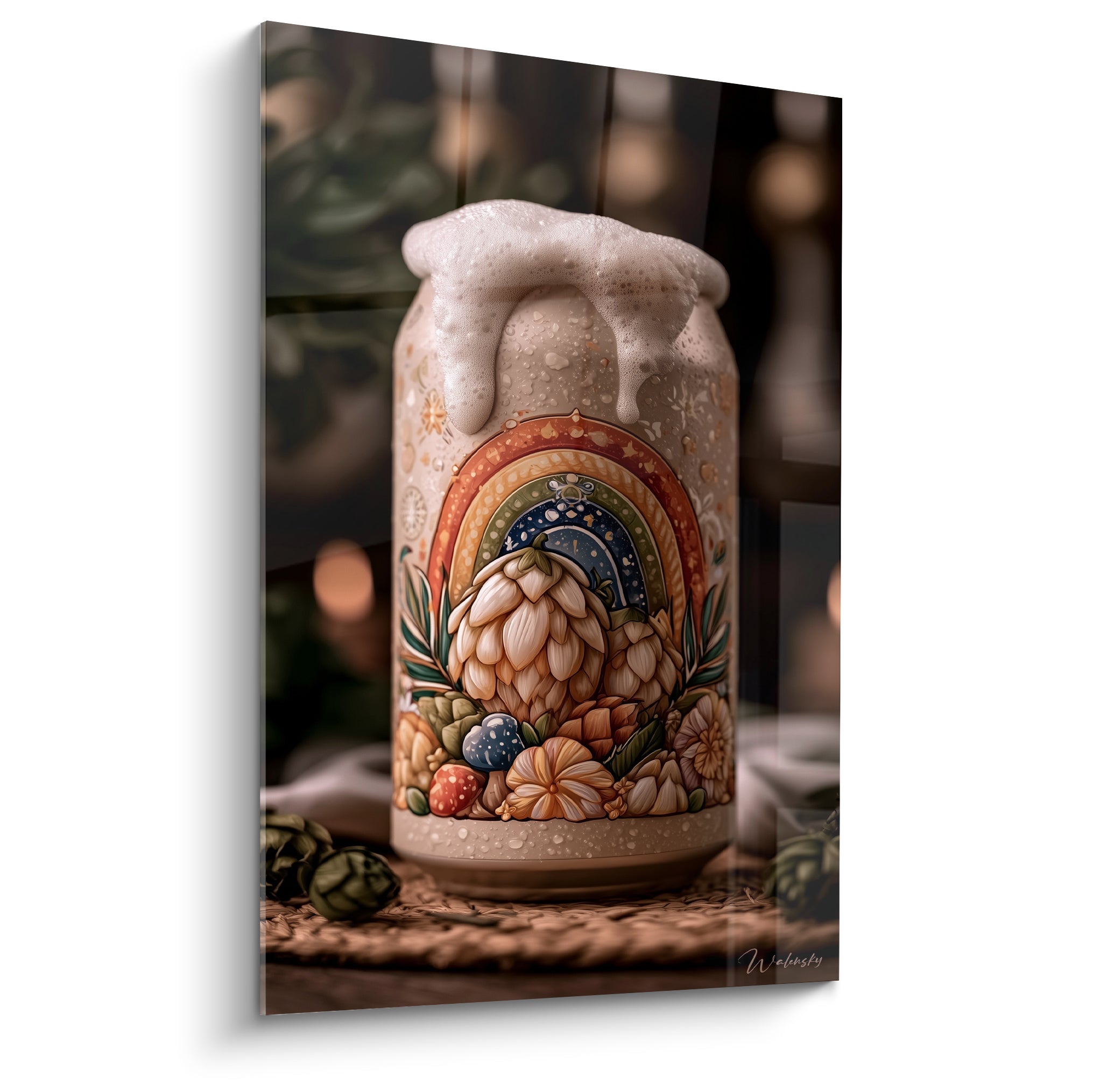 Chope de bière artisanale terracotta et blanche débordant de mousse crémeuse illustrée