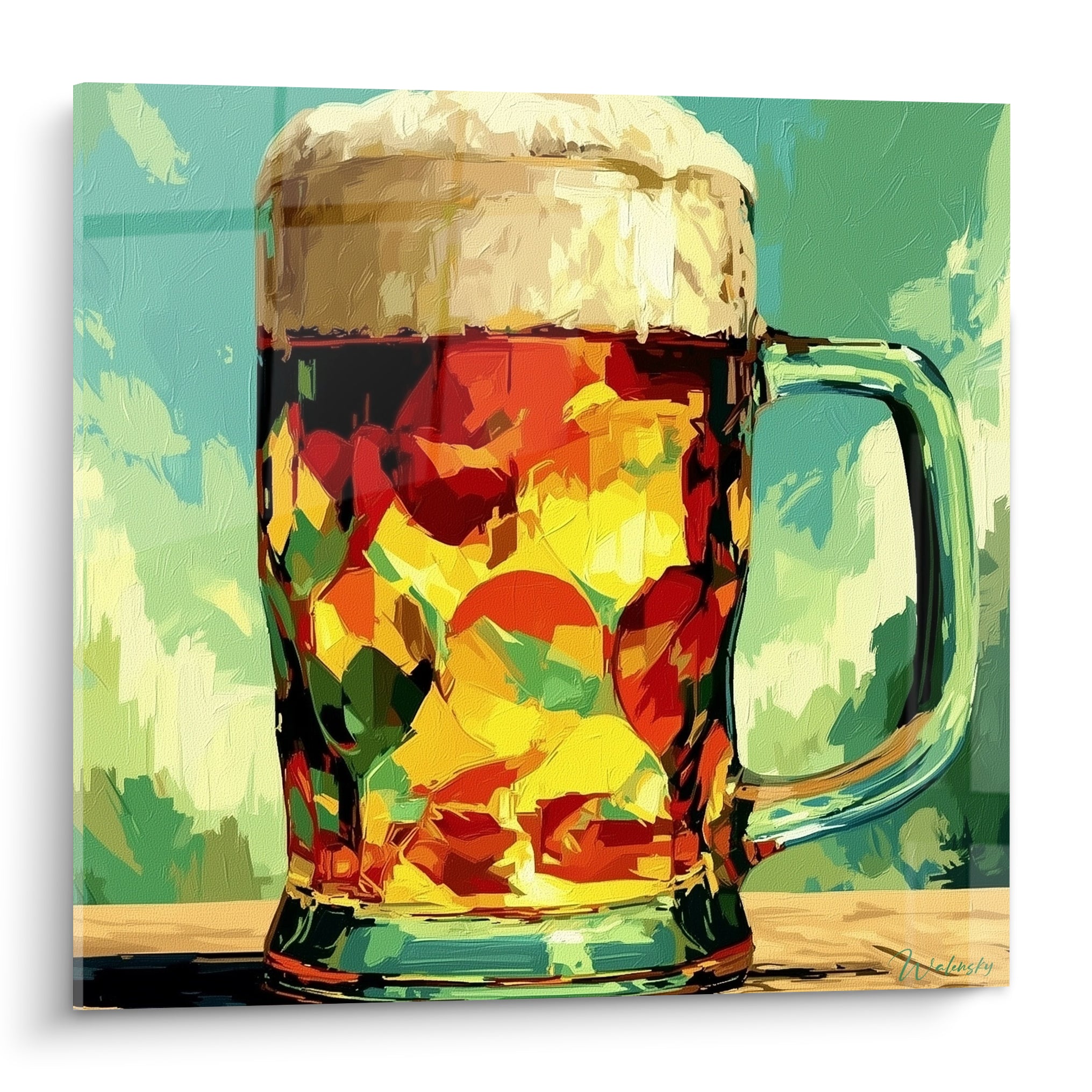 Chope de bière ambrée et mousse blanche au fond vert et turquoise peint