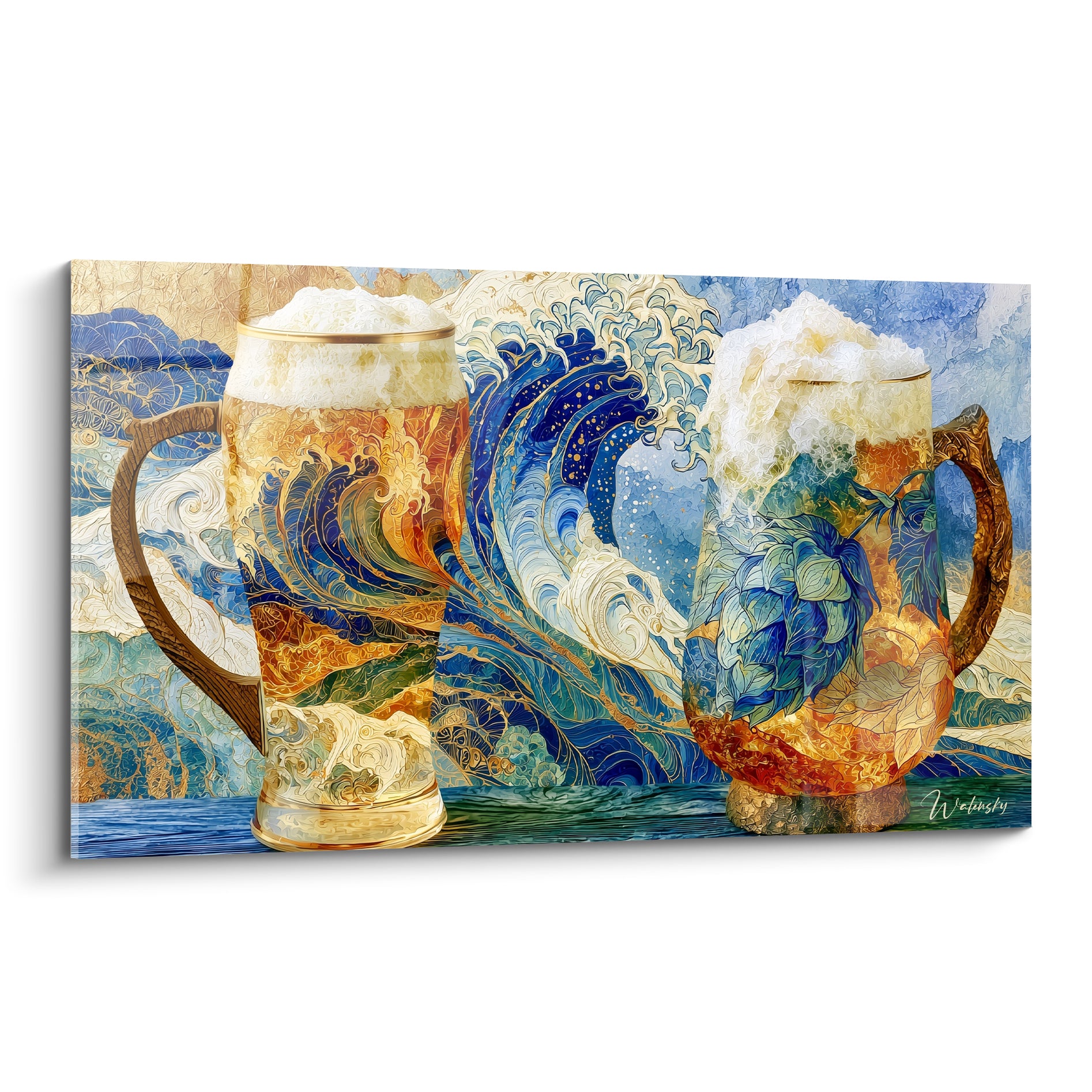 Chopes de bière dorées à mousse blanche devant une vague bleu marine stylisée façon estampe