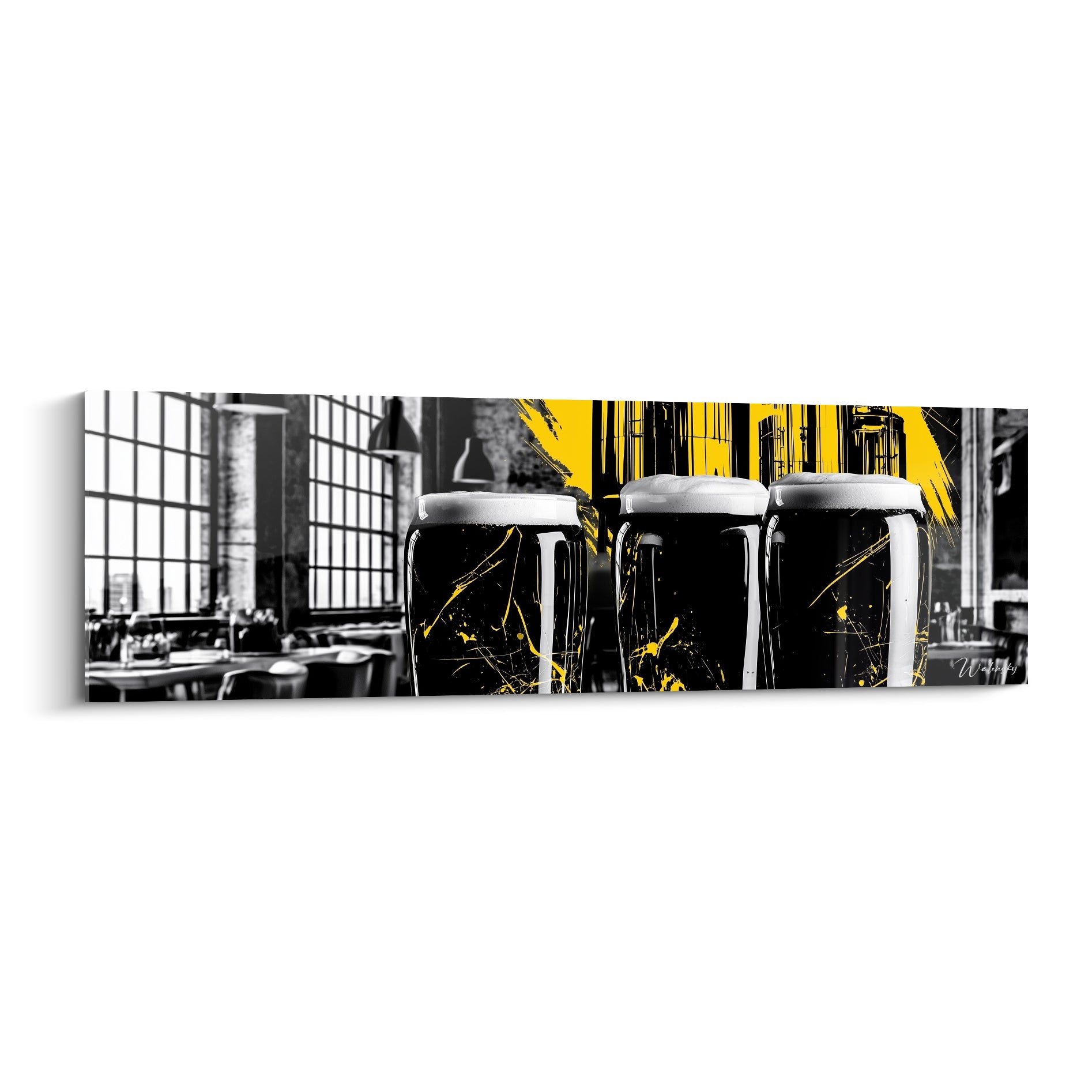 Trois chopes de bière noire et mousse blanche éclaboussées de jaune moutarde graphique