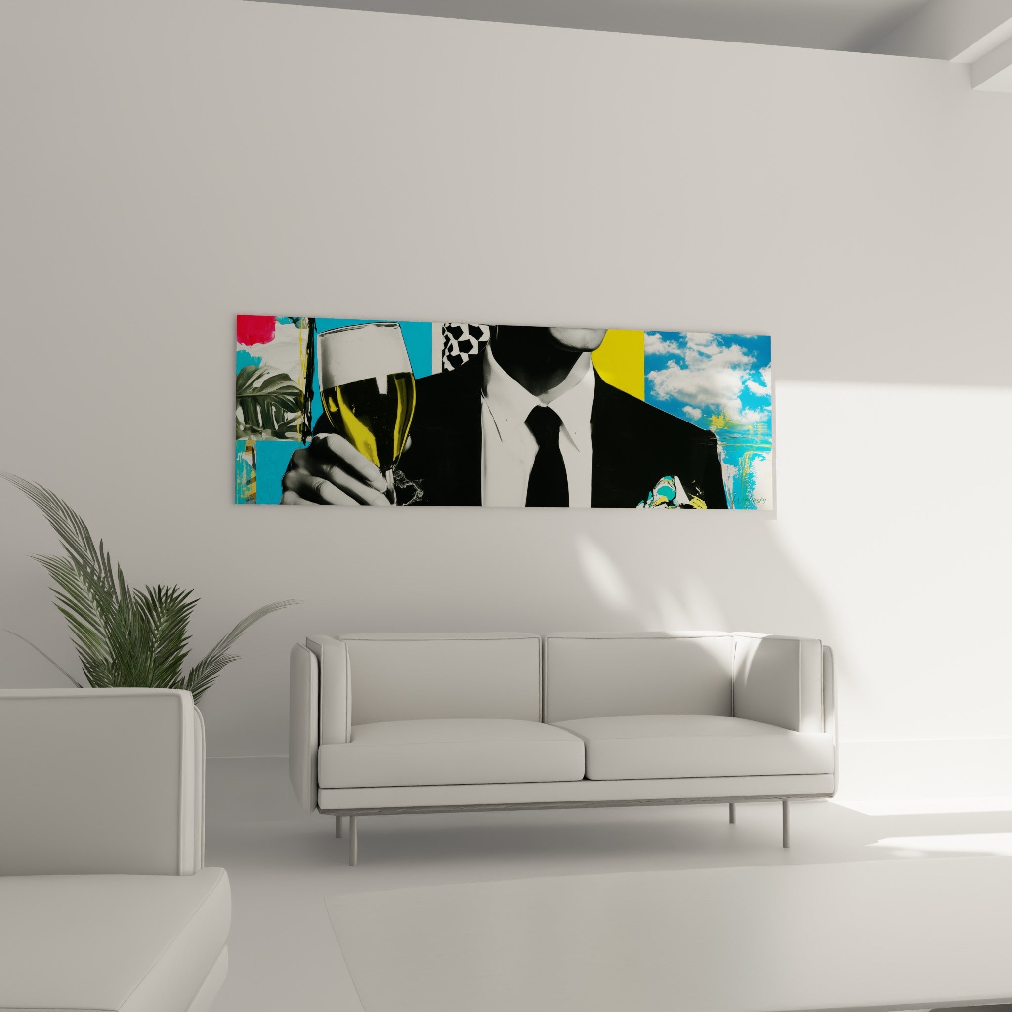 Costume noir et cravate contrastant avec un fond jaune vif, œuvre au-dessus d'un canapé dans un salon lumineux