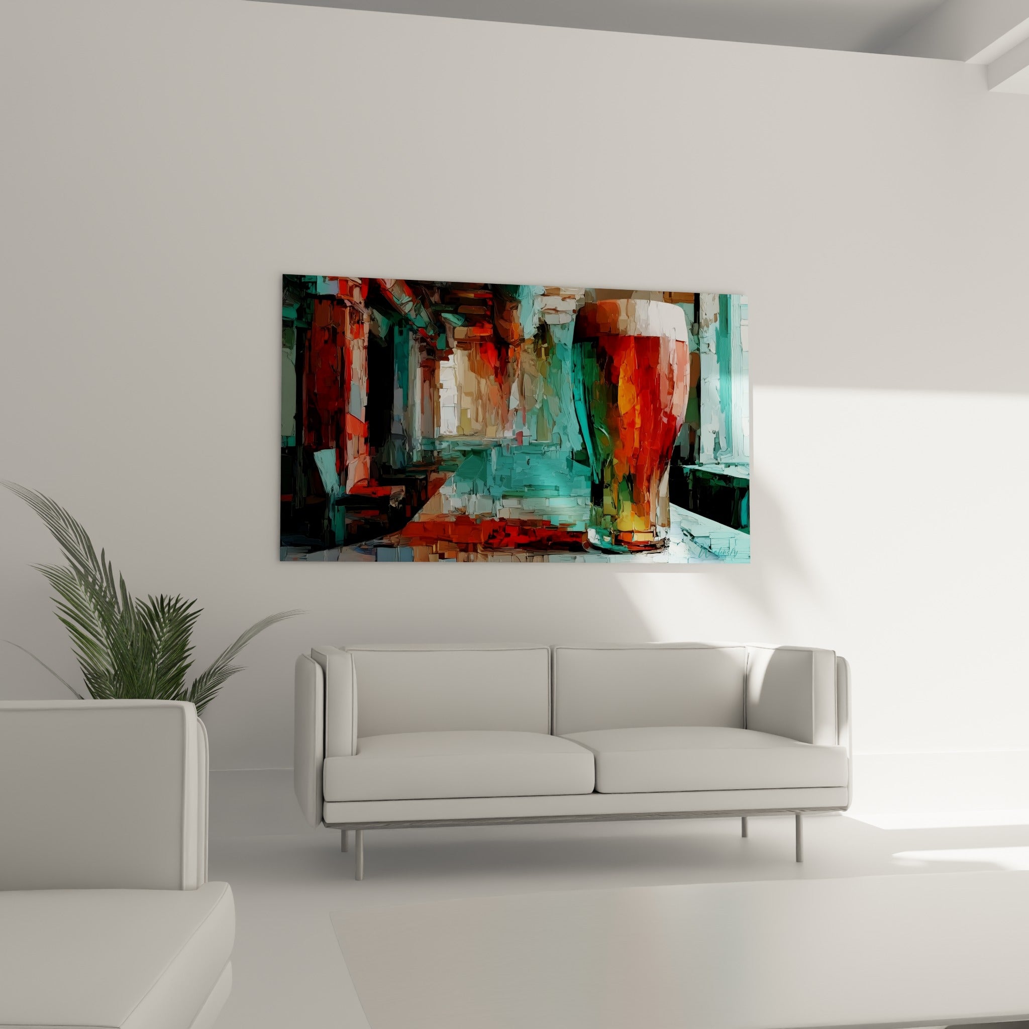 Verre de bière ambrée entre décor turquoise et anthracite au-dessus d'un canapé dans un salon lumineux