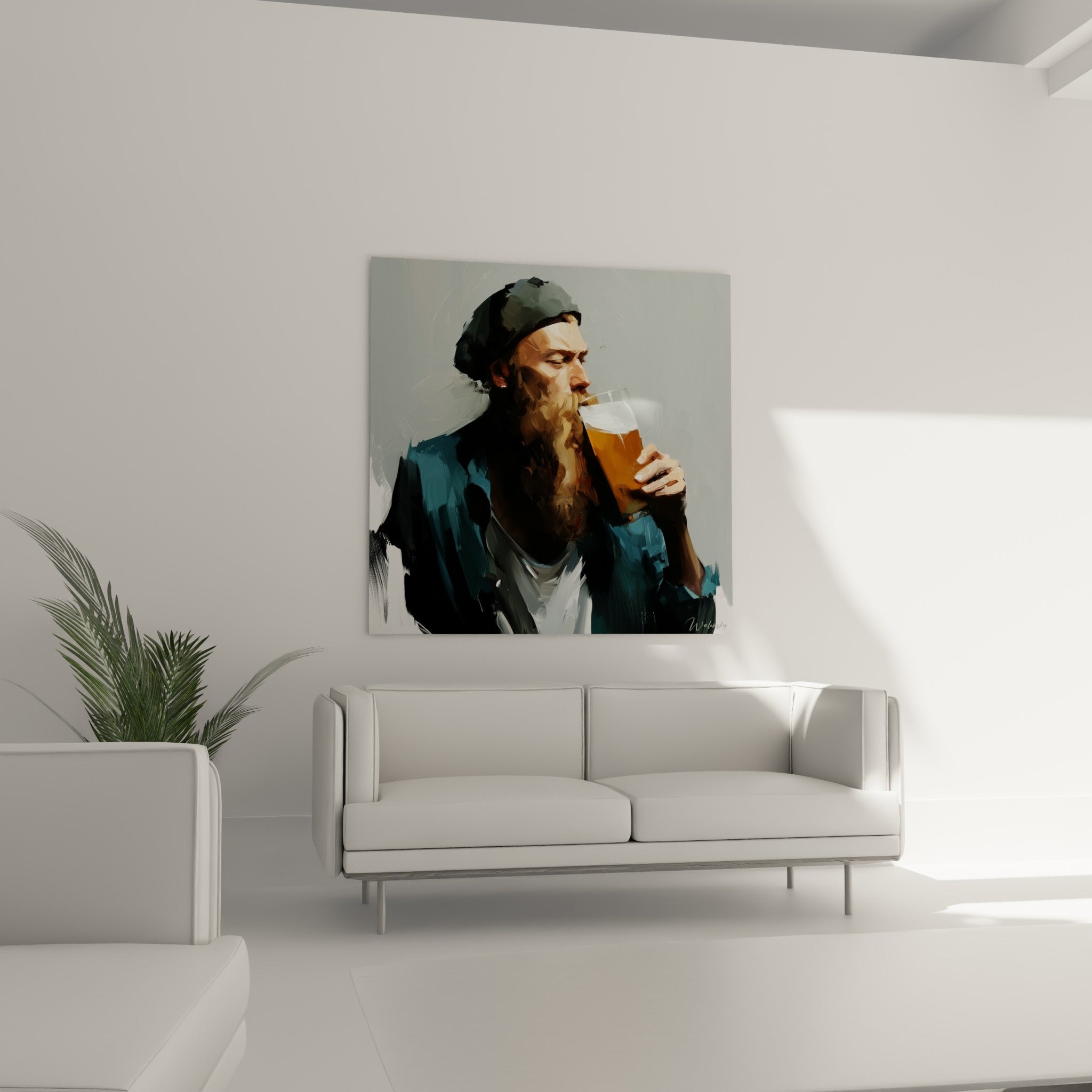 Personnage barbu dégustant une bière ambrée dans un décor gris et bleu au-dessus d'un canapé dans un salon lumineux
