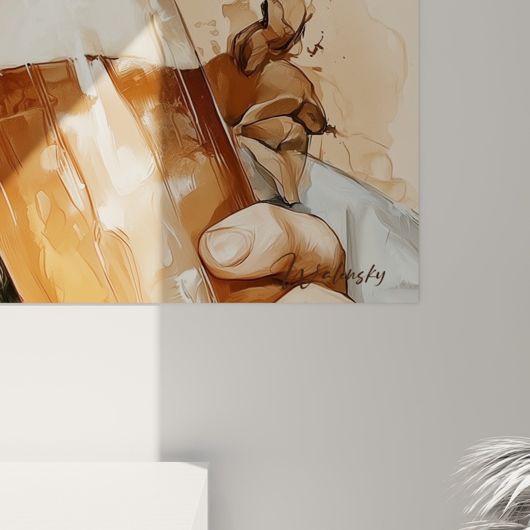 Détail du visage peint à l'aquarelle, coulures ocre et éclaboussures sombres visibles sur la toile accrochée