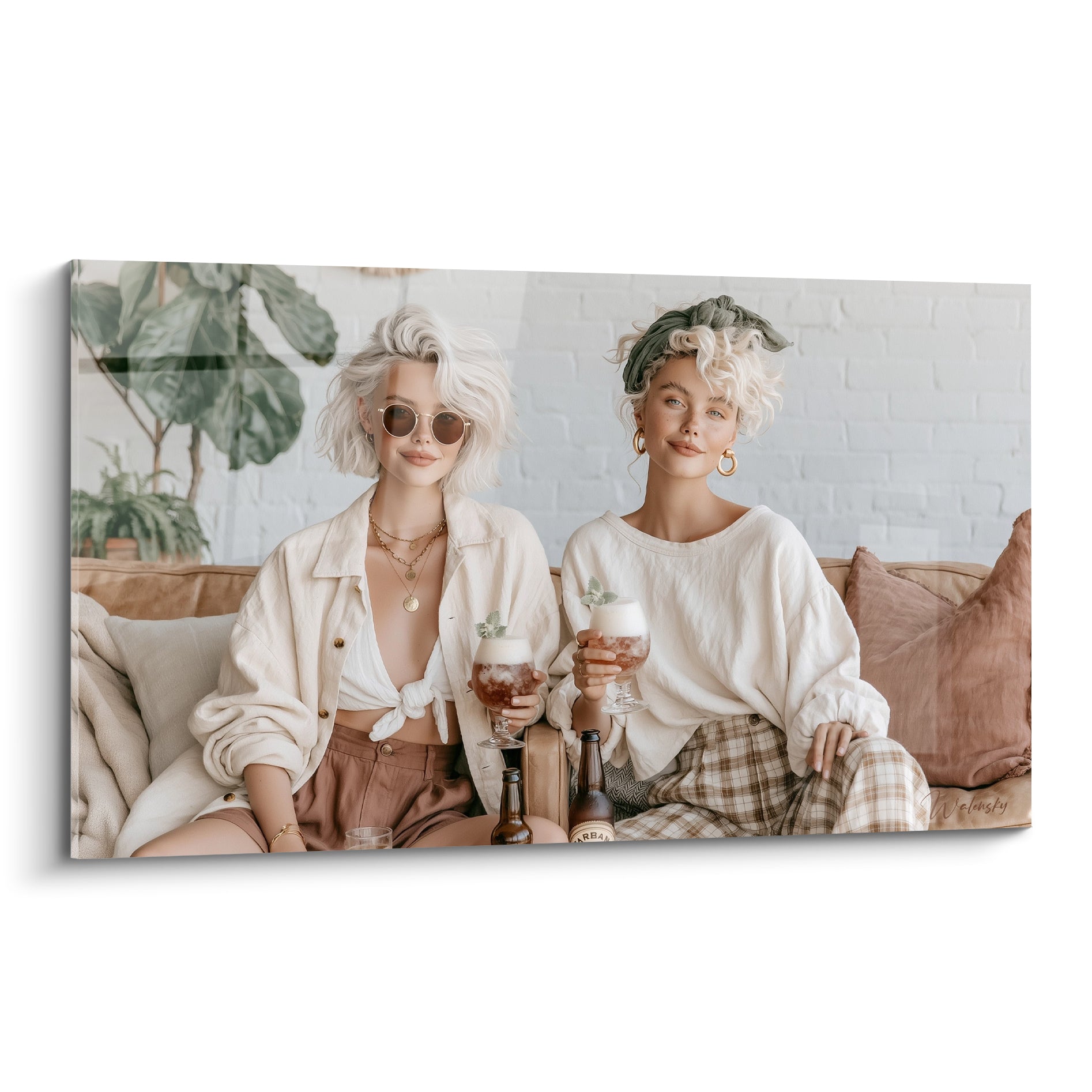 Deux amies en beige et vert sauge trinquent avec des verres de bière mousseux