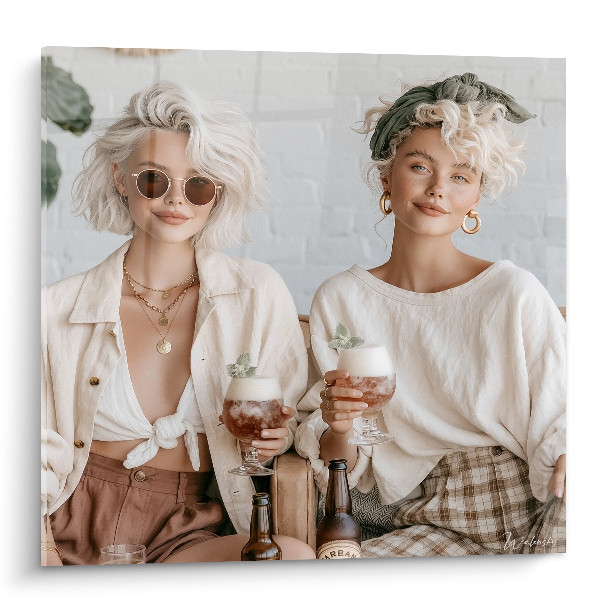 Deux amies blondes tiennent des verres de bière ambrée, tenues crème et foulard vert sauge