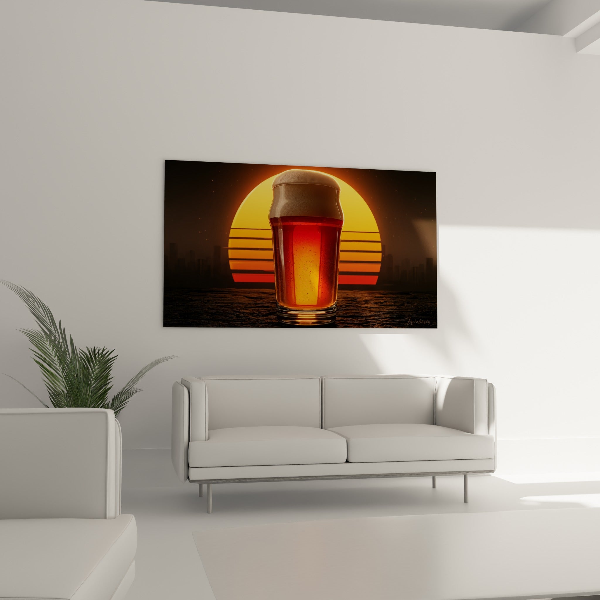 Breuvage doré et mousse épaisse devant un coucher de soleil orangé au-dessus d'un canapé dans un salon lumineux