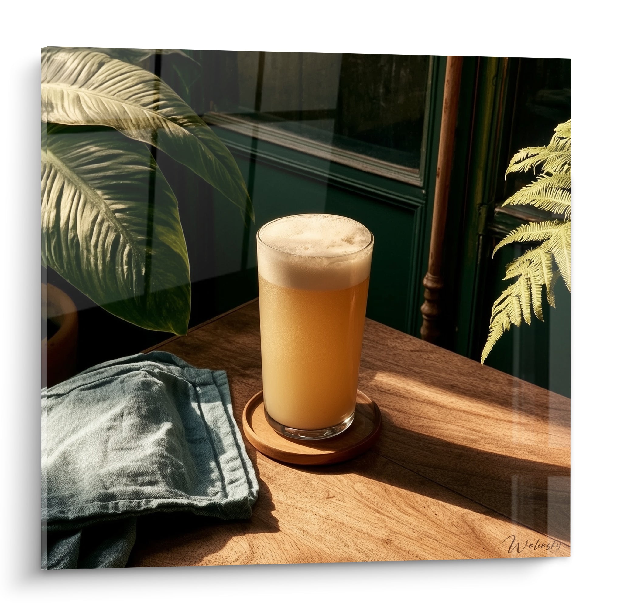 Verre de bière dorée moussue sur table en bois, décor vert forêt et feuillage lumineux